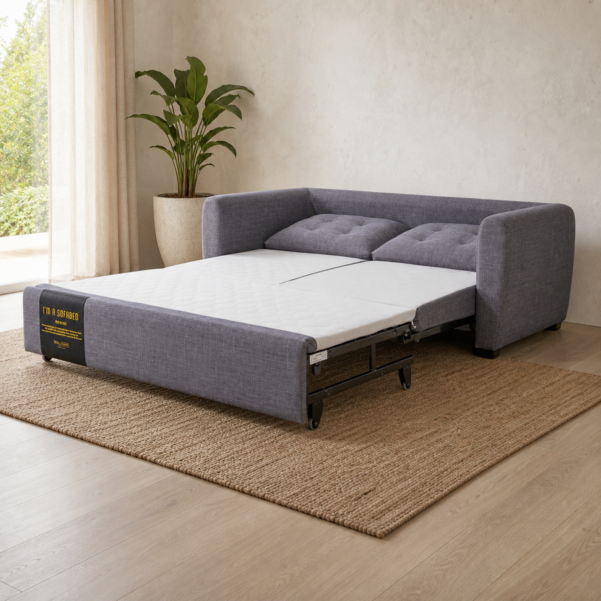 Rebecca Queen Size Sofa Bed in Gray with sleeper mechanism visible