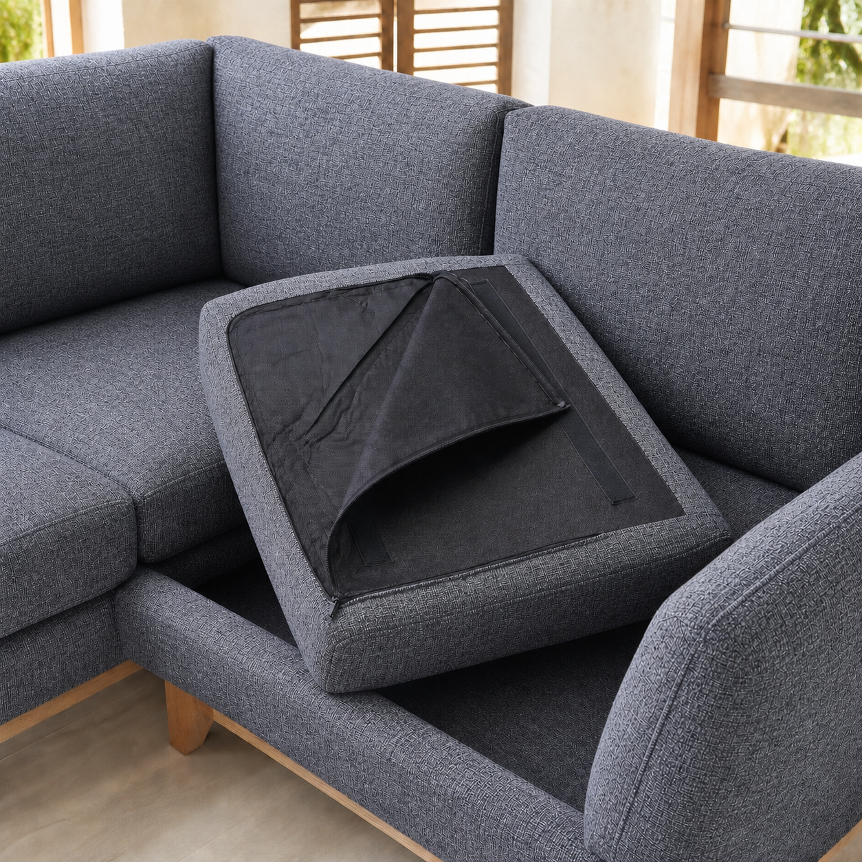 ValMinimal Sectional Dark Grey removable seat cushion cover and fastening detail