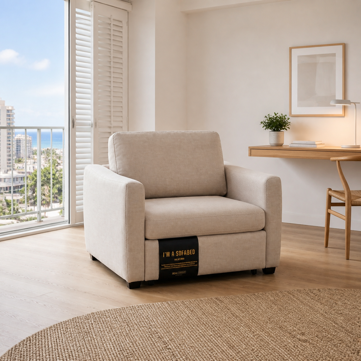 Dianna Lounge Chair Bed in Beige in a compact Waikiki room