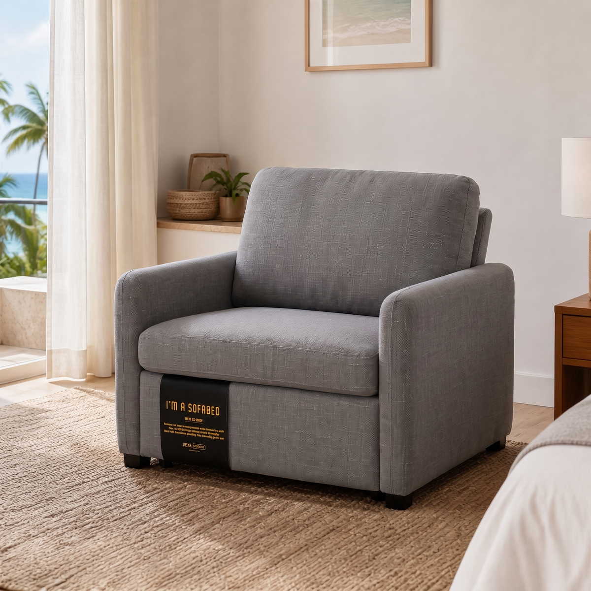 Dianna Lounge Chair Bed in Harvest Ash in a compact Waikiki apartment