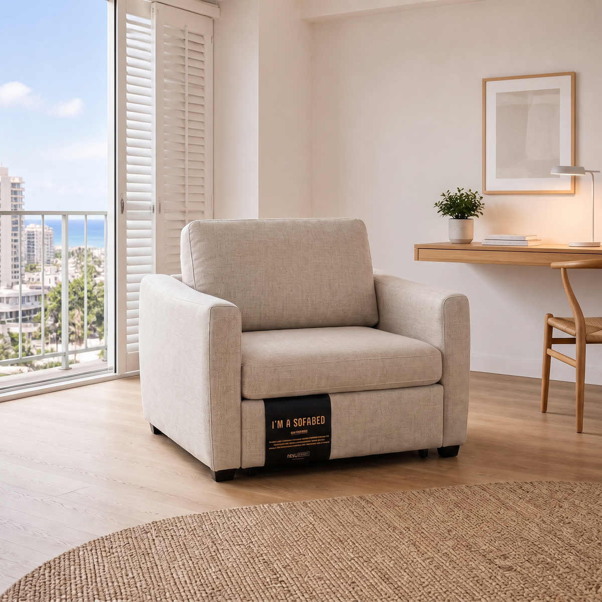 Dianna Lounge Chair Bed in Harvest Sand in a compact Waikiki apartment