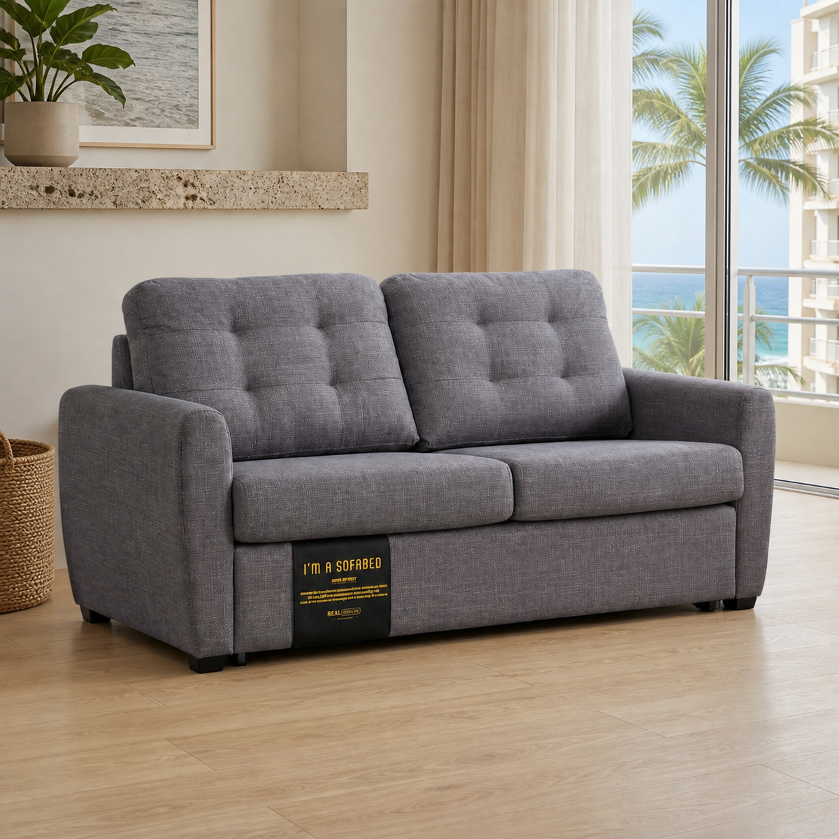 Rebecca Queen Size Sofa Bed in Gray in a Waikiki condo
