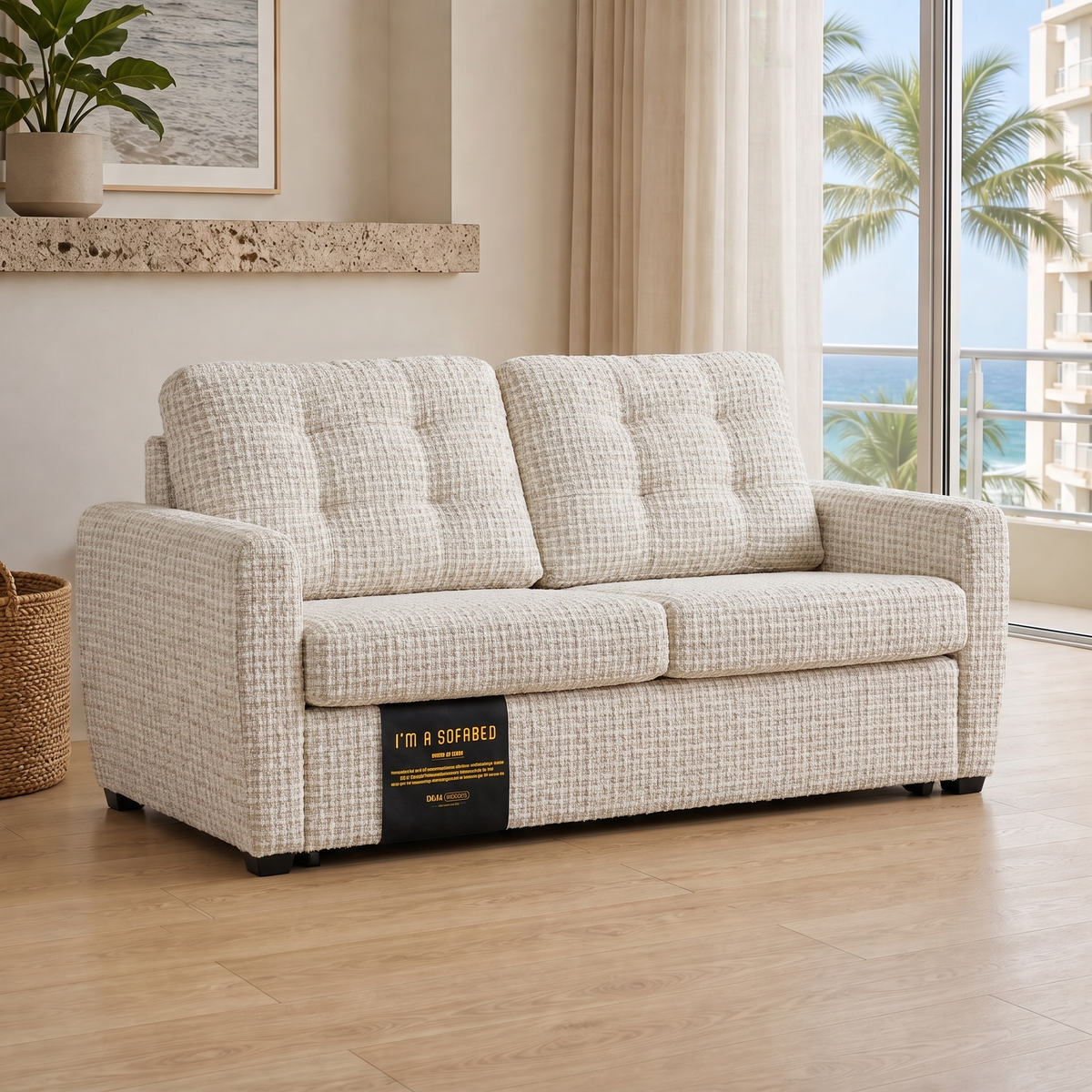 Rebecca Queen Size Sofa Bed in Ivory Weave in a Waikiki condo