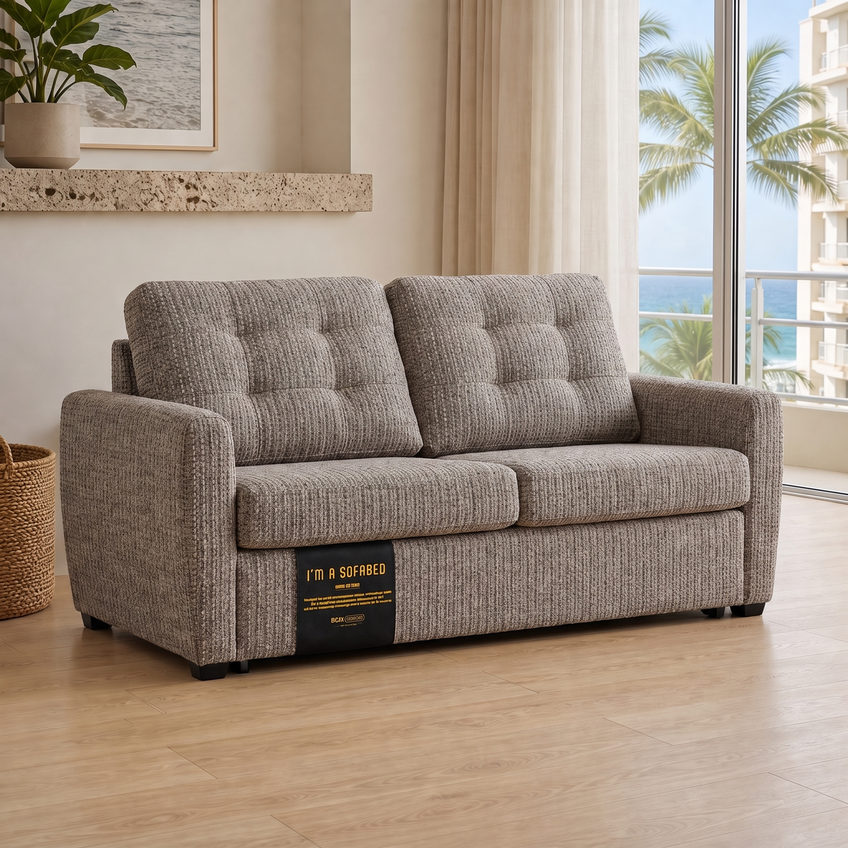 Rebecca Queen Size Sofa Bed in Taupe Weave in a Waikiki condo