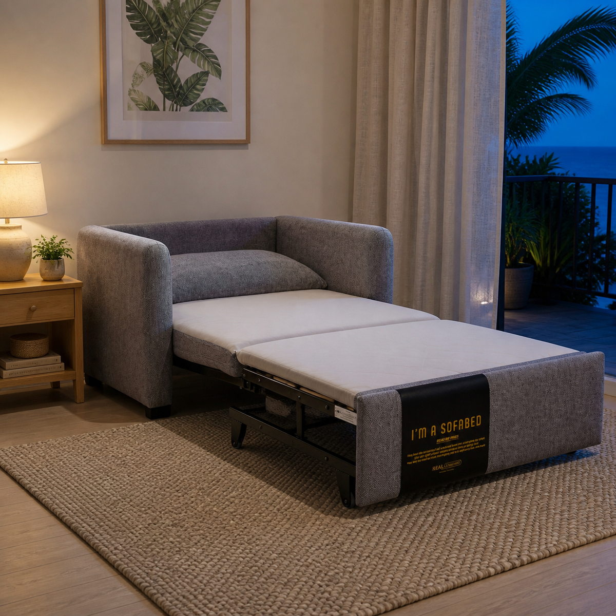 Dianna Lounge Chair Bed in Gray opened at dusk in Hawaii