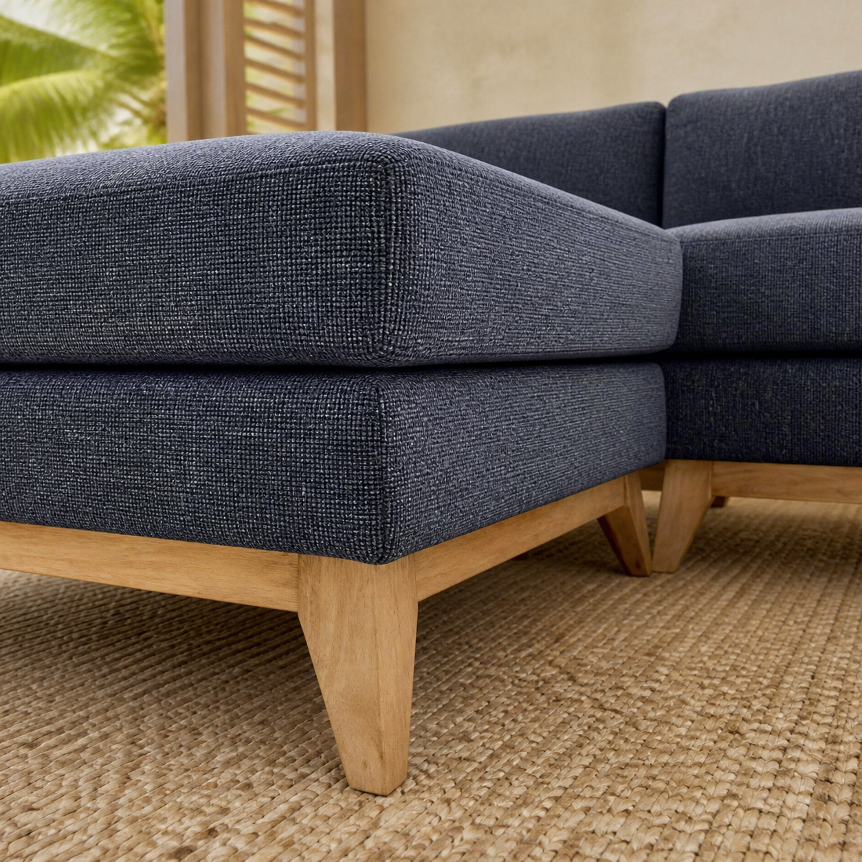 ValMinimal Sectional Dark Grey linen fabric wood base and leg detail