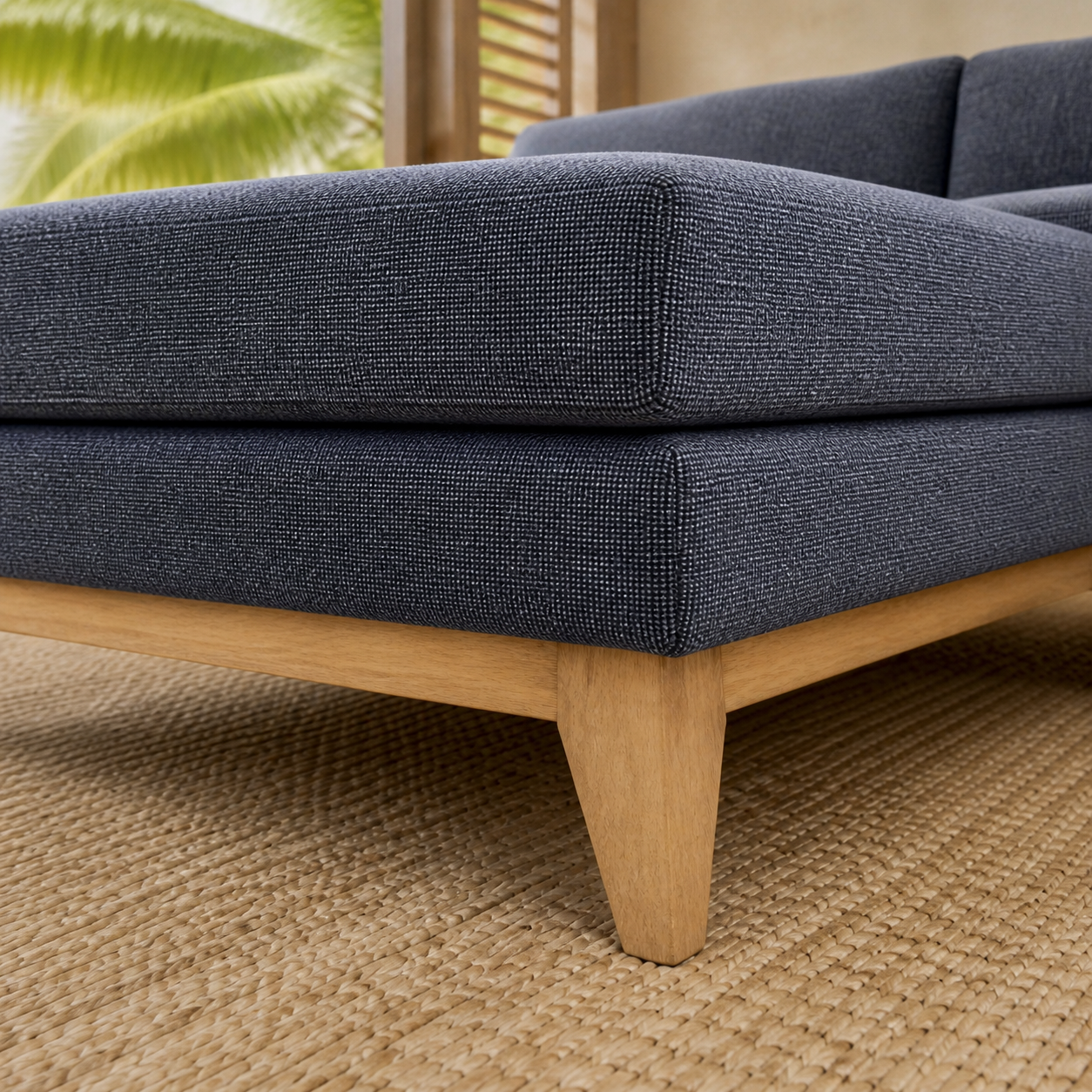 ValMinimal Sectional Dark Grey crosshatch fabric and natural wood leg detail