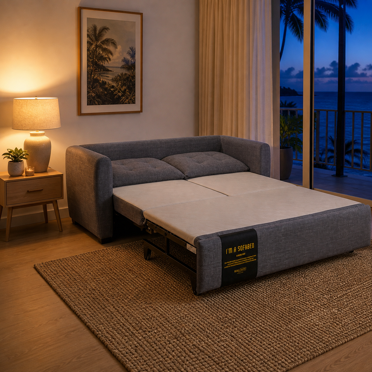 Rebecca Queen Size Sofa Bed in Gray opened at dusk in Hawaii