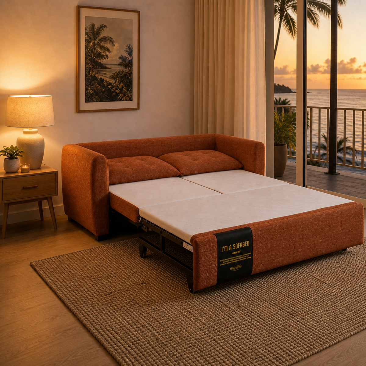 Rebecca Queen Size Sofa Bed Rustic opened at dusk in Hawaii