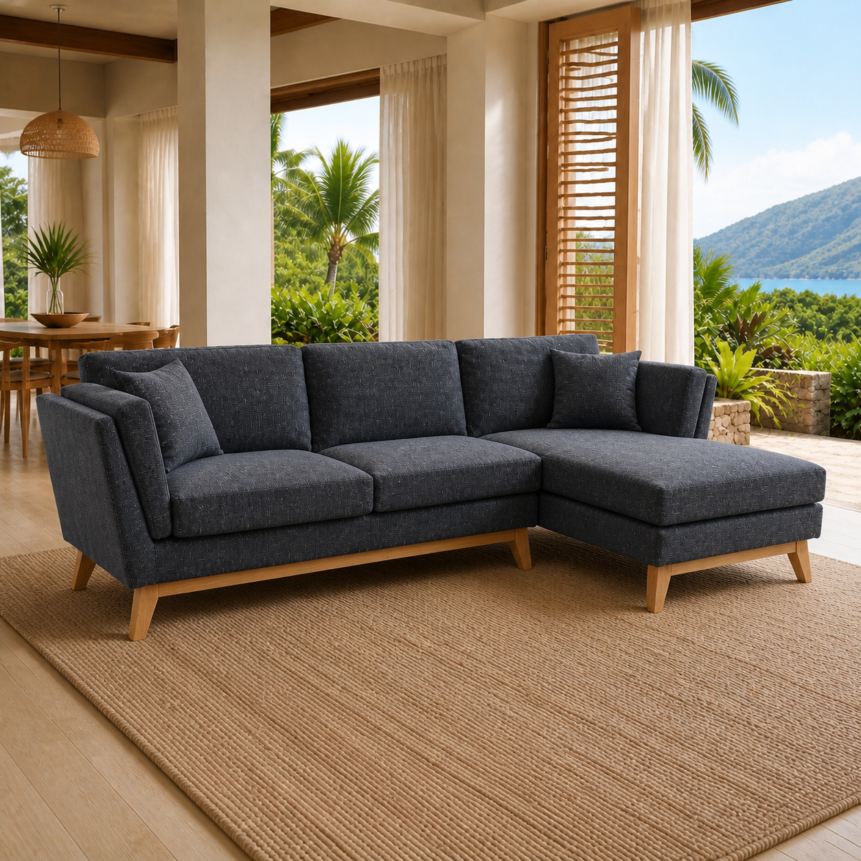 ValMinimal Sectional 102 inch Dark Grey Facing Right low profile room view