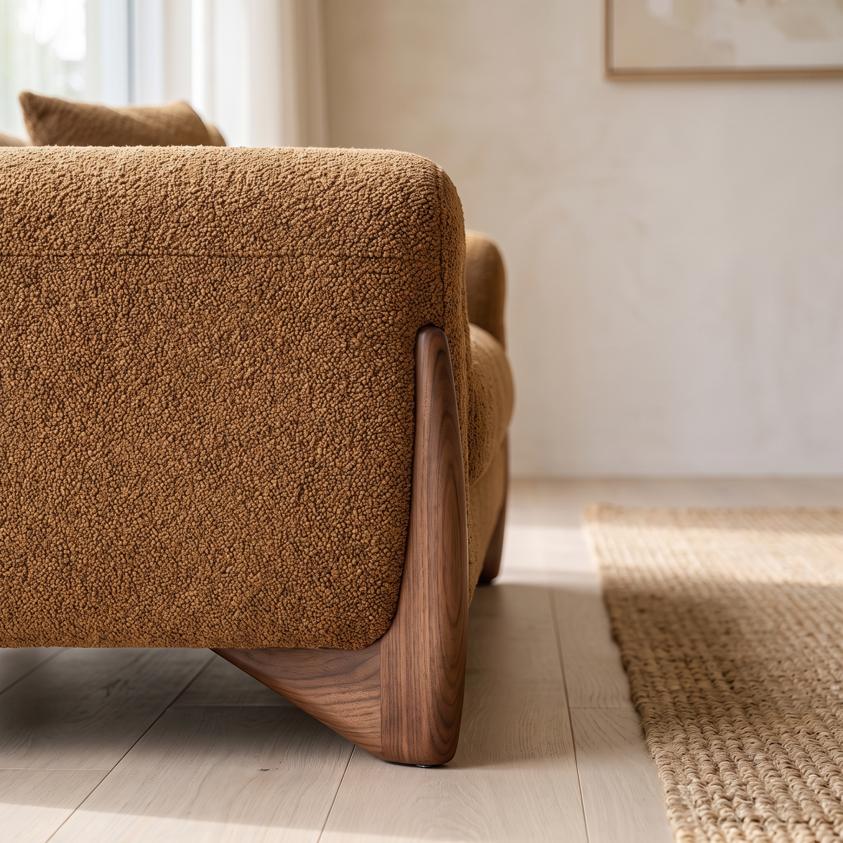 Reverb Sofa in Tobacco Brown, close-up of the curved arm and walnut base