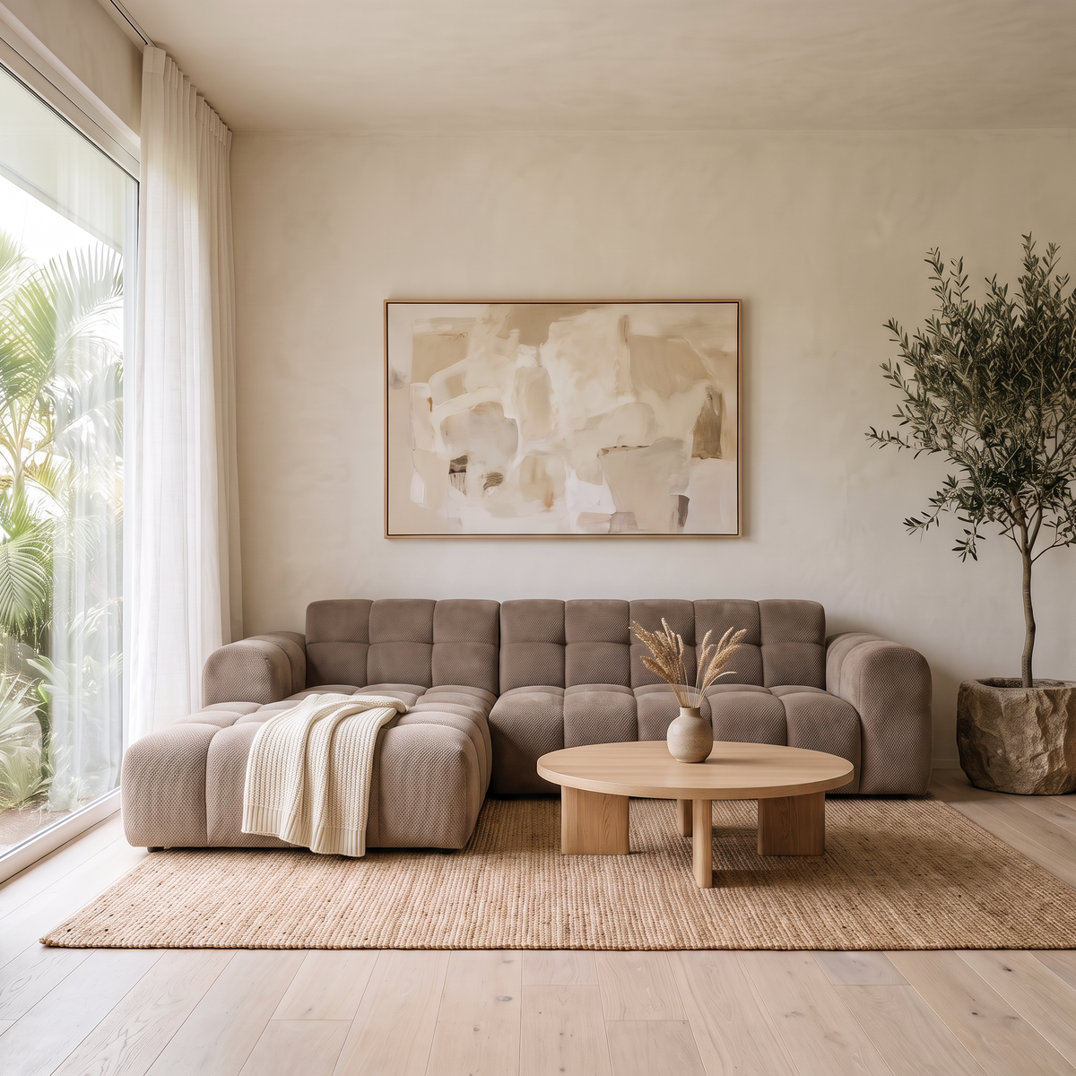 Bubble Sectional in Mushroom, chaise facing left, angled view