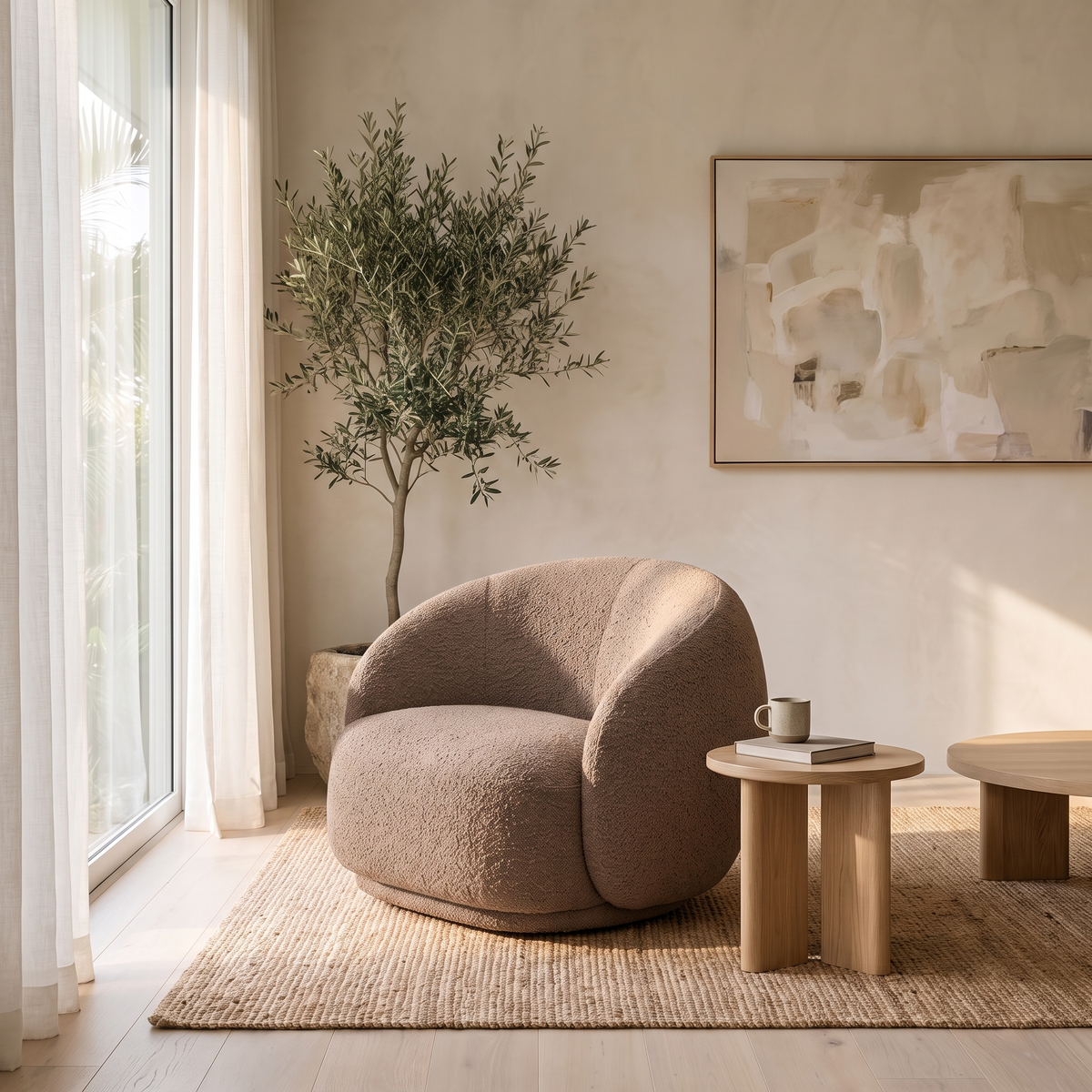 Curved Barrel Armchair in Mushroom by the window with a side table