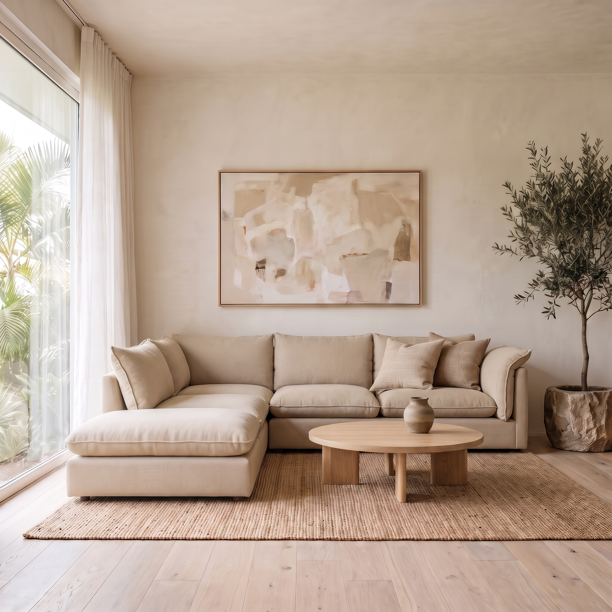 Deep Seat Sectional in Beige, chaise facing left, angled view