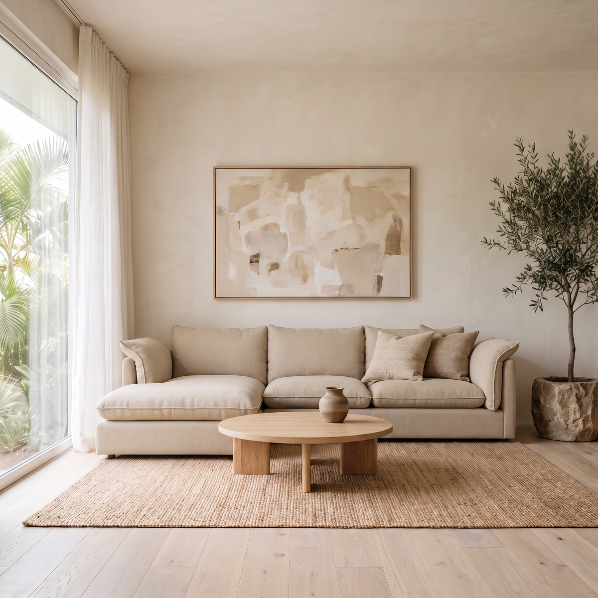 Deep Seat Sectional in Beige, chaise facing left, in a bright Hawaii living room