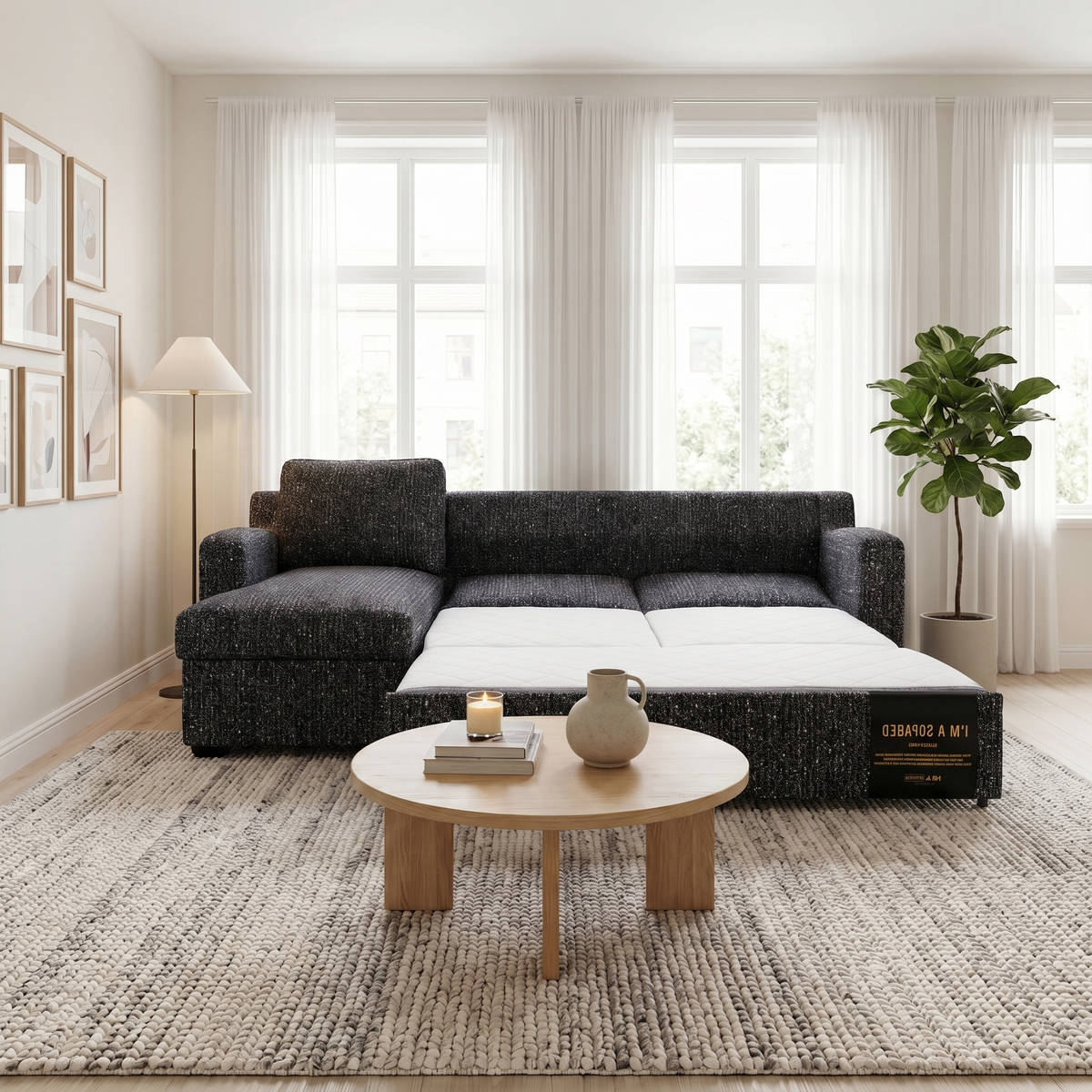 Milan Charcoal Helena sectional sofa bed with the queen bed pulled out in a bright living room