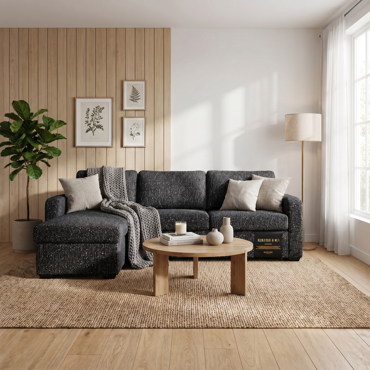 Milan Charcoal Helena sectional sofa bed styled in a modern living room with oak slat wall