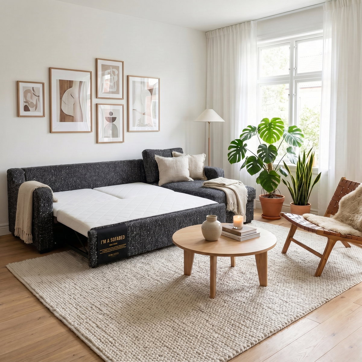 Milan Charcoal Helena sectional sofa bed facing right, bed open, in a Nordic living room