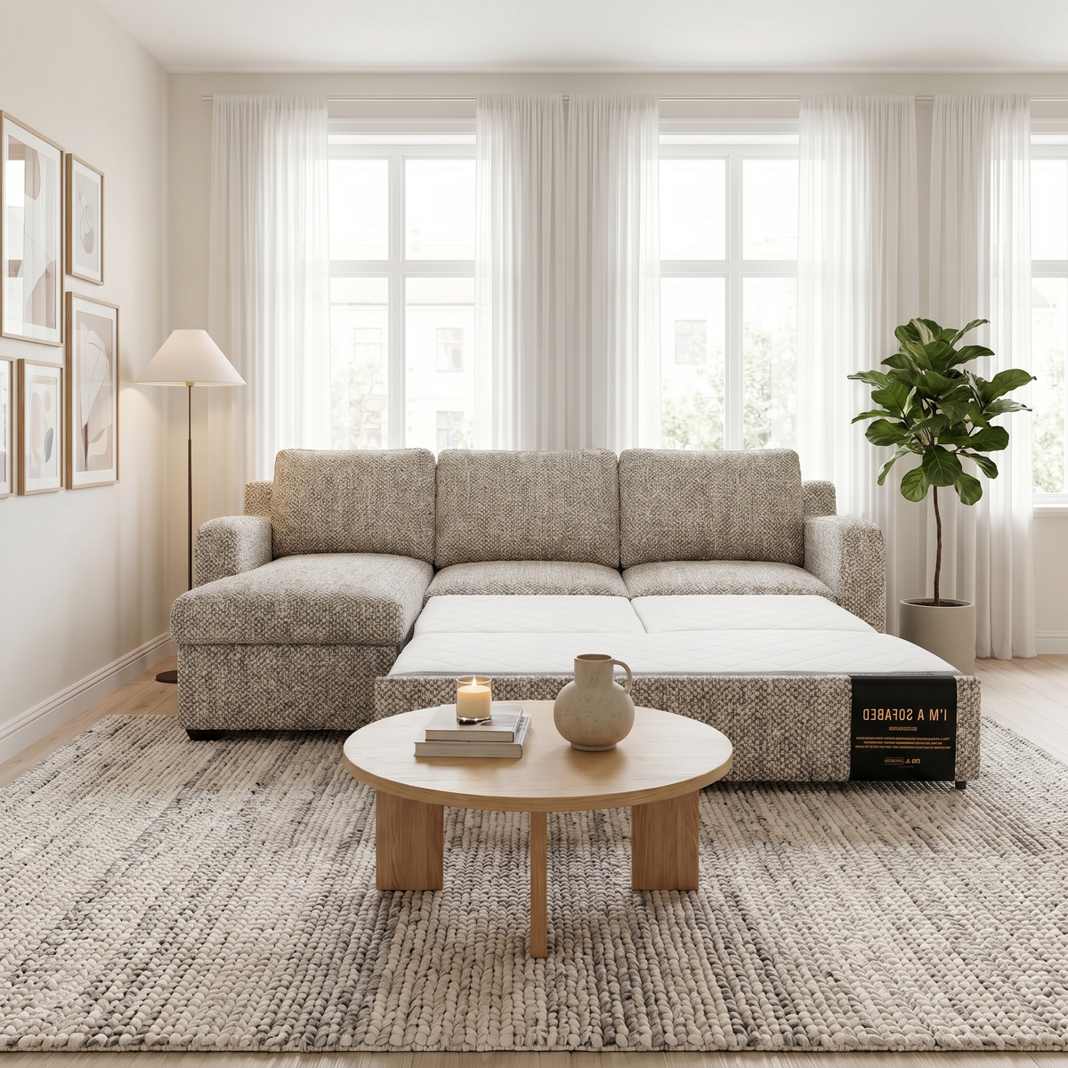 Milan Oatmeal Helena sectional sofa bed with the queen bed pulled out in a bright living room