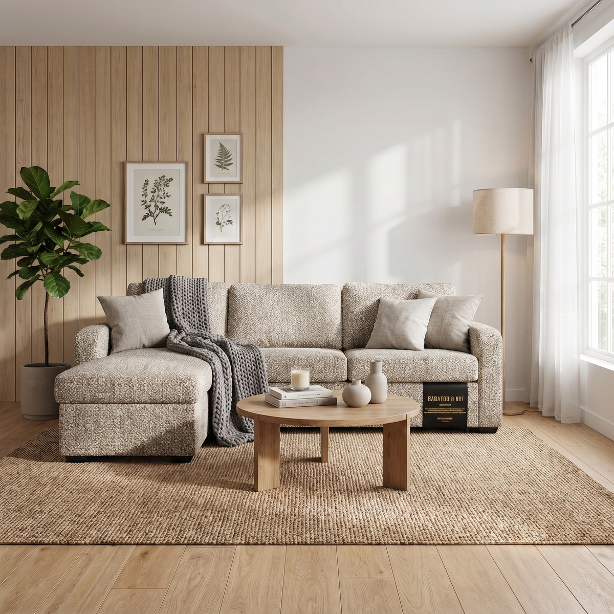 Milan Oatmeal Helena sectional sofa bed styled in a modern living room with oak slat wall