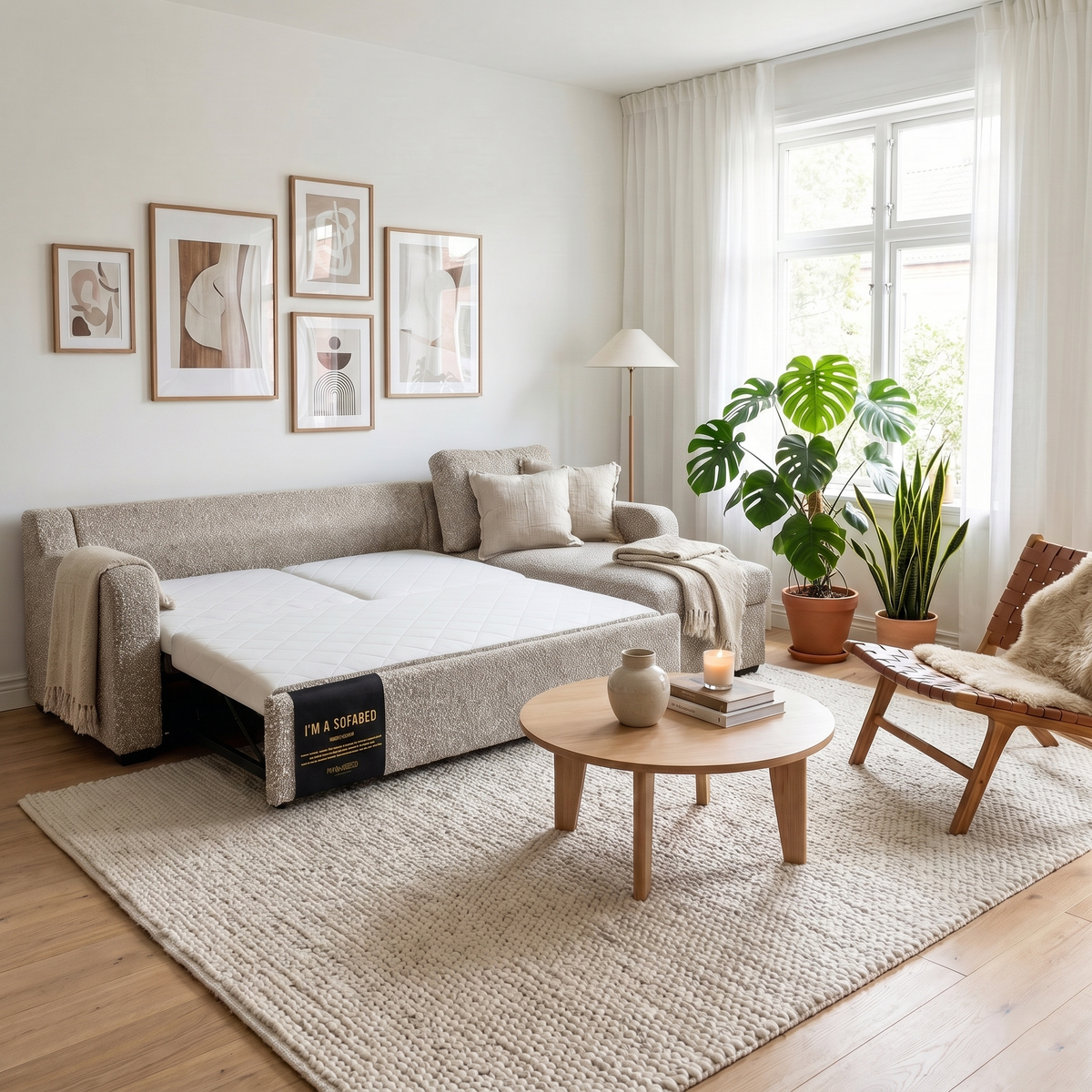 Milan Oatmeal Helena sectional sofa bed facing right, bed open, in a Nordic living room
