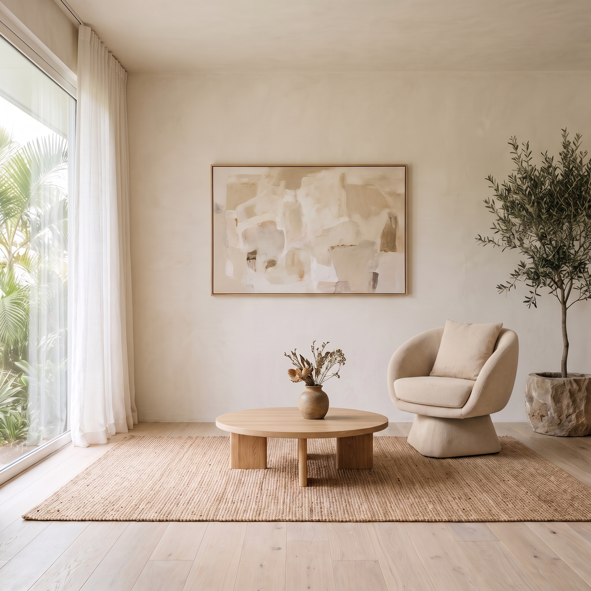 Pedestal Swivel Armchair in Beige in a bright Hawaii living room