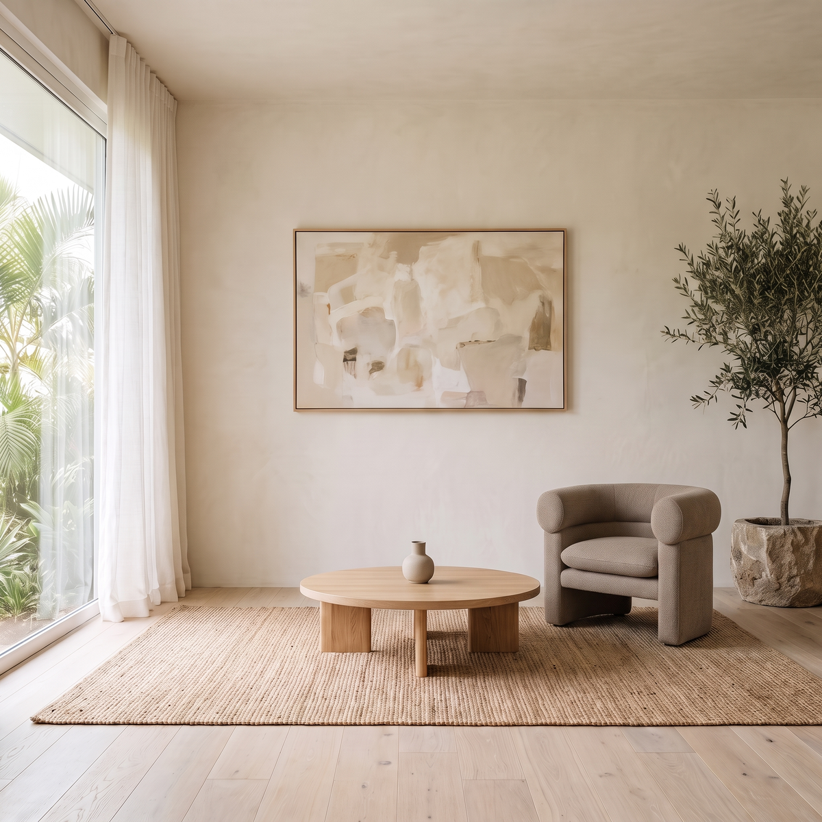 Pillar Armchair in Taupe in a bright Hawaii living room