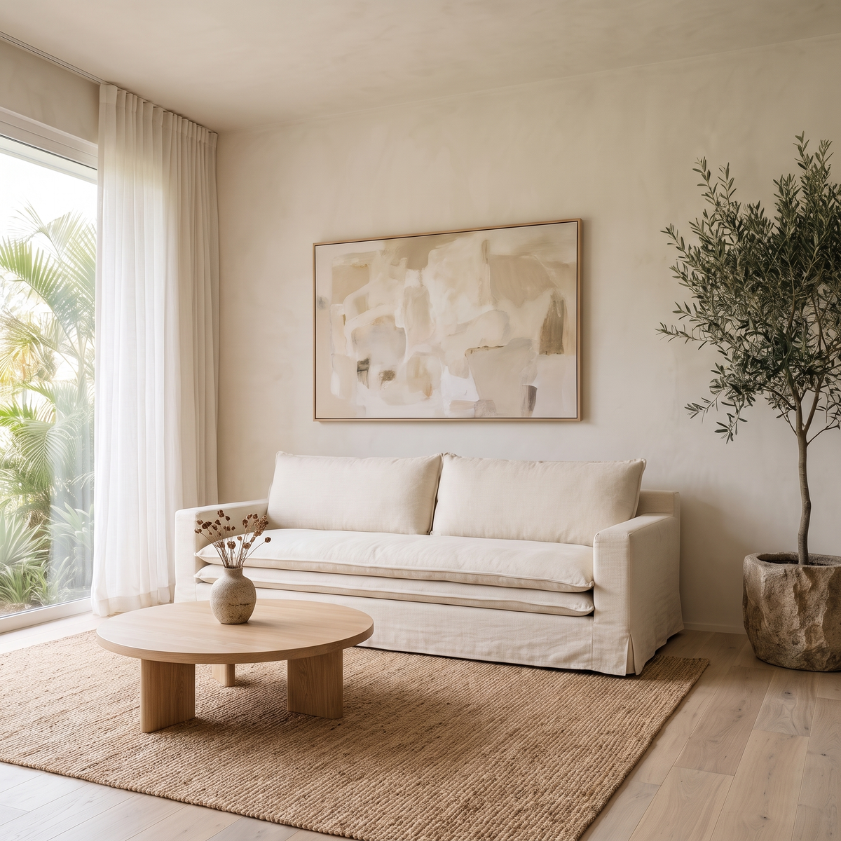 Slipcover Sofa in Ivory, angled view in a bright Hawaii living room