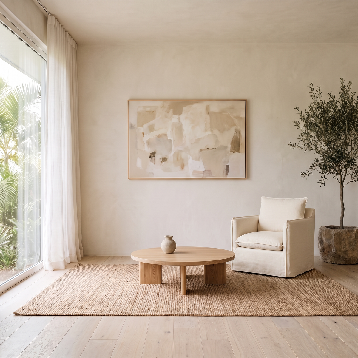 Slipcover Swivel Armchair in Ivory in a bright Hawaii living room