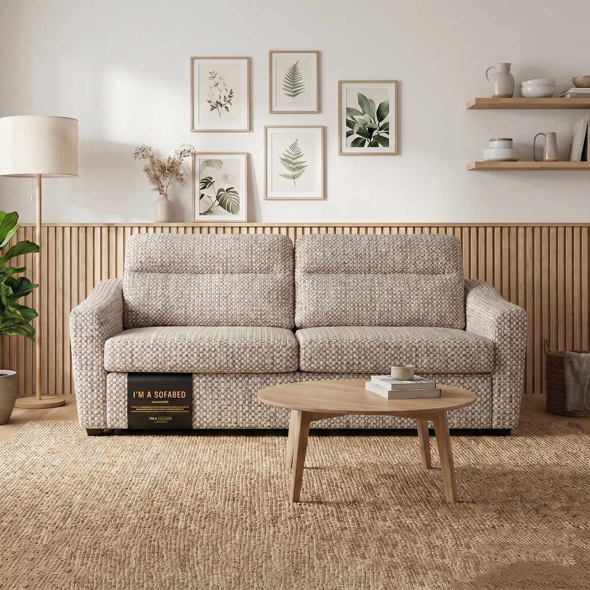 Tina Queen Size Sofa Bed in Milan Oatmeal in a living room with slatted wood panelling