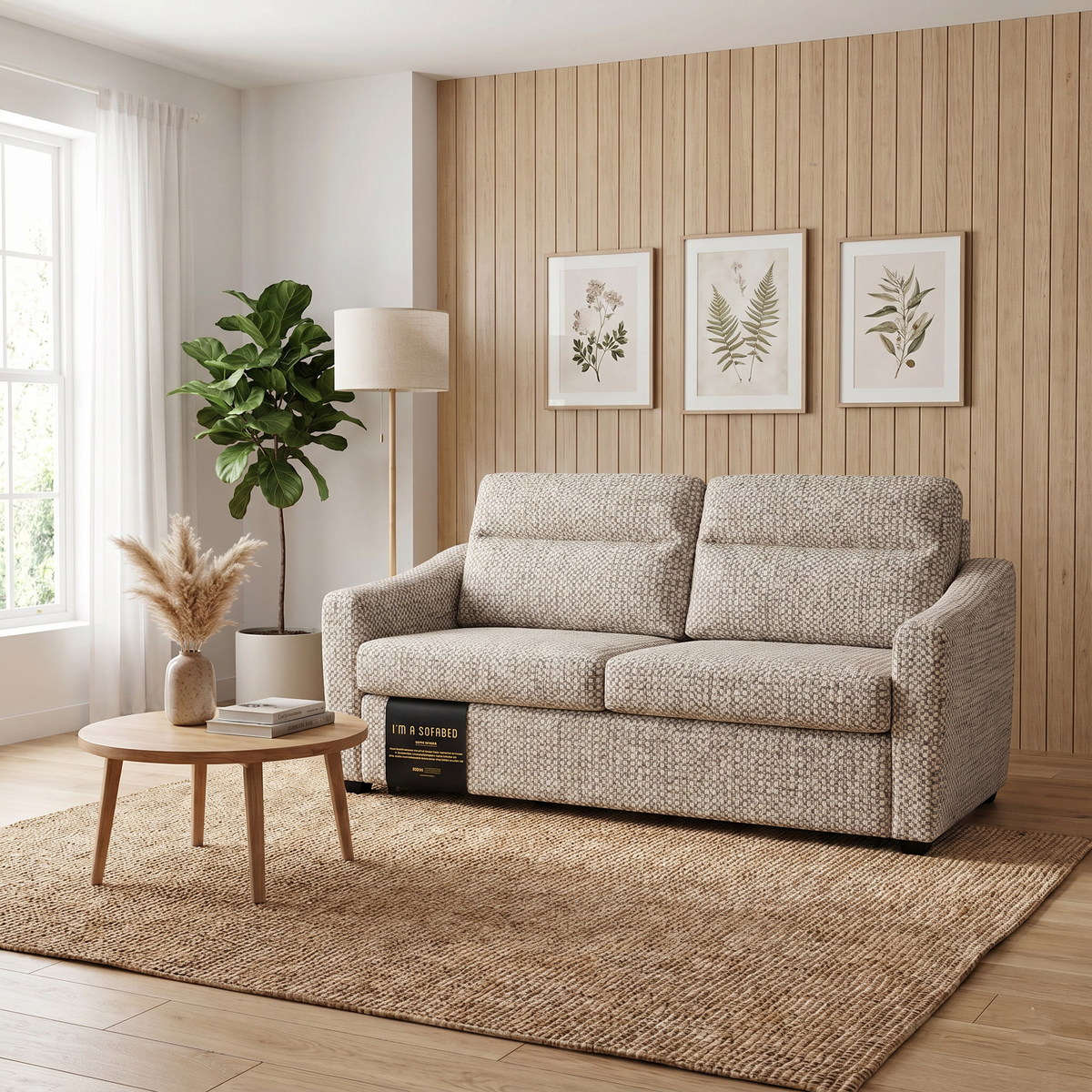 Tina Queen Size Sofa Bed in Milan Oatmeal in a modern living room