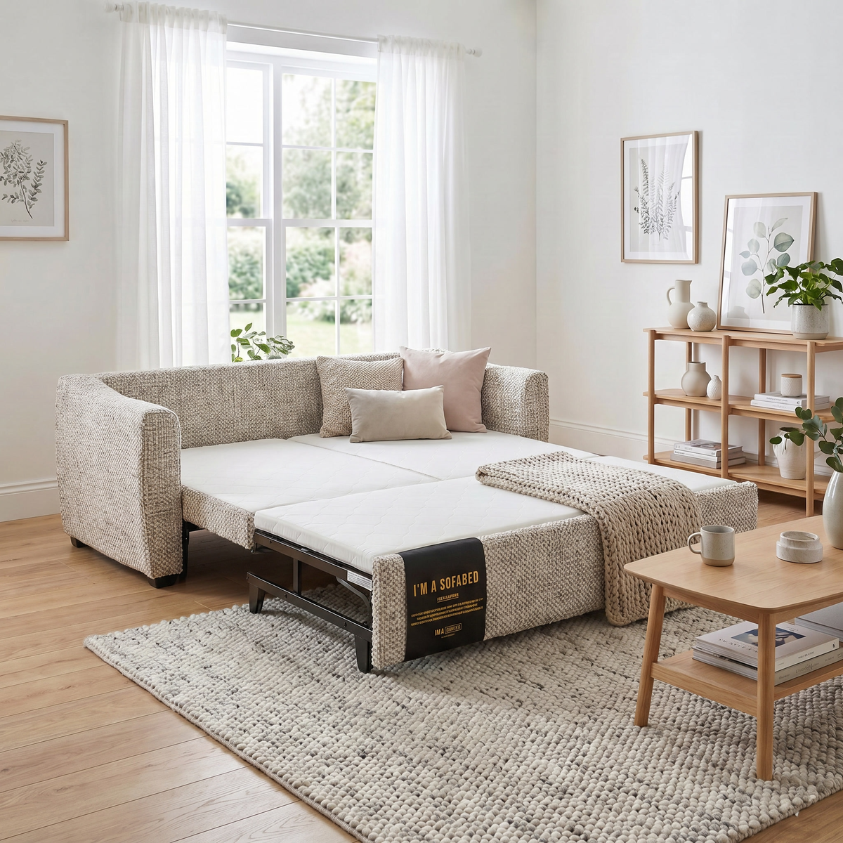 Tina Queen Size Sofa Bed in Milan Oatmeal opened into a queen bed