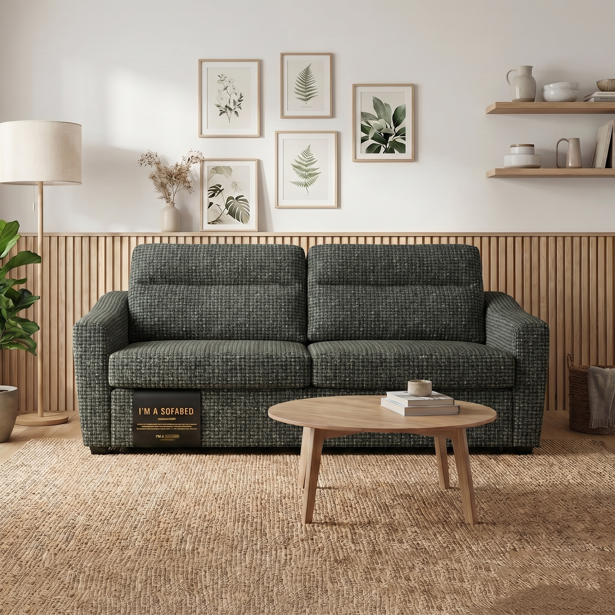 Tina Queen Size Sofa Bed in Olive Weave in a living room with slatted wood panelling