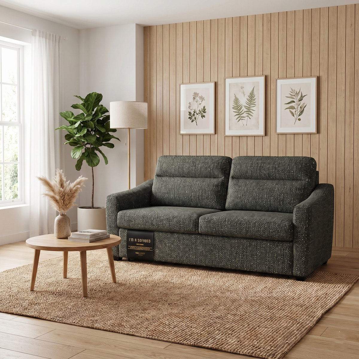 Tina Queen Size Sofa Bed in Olive Weave in a modern living room