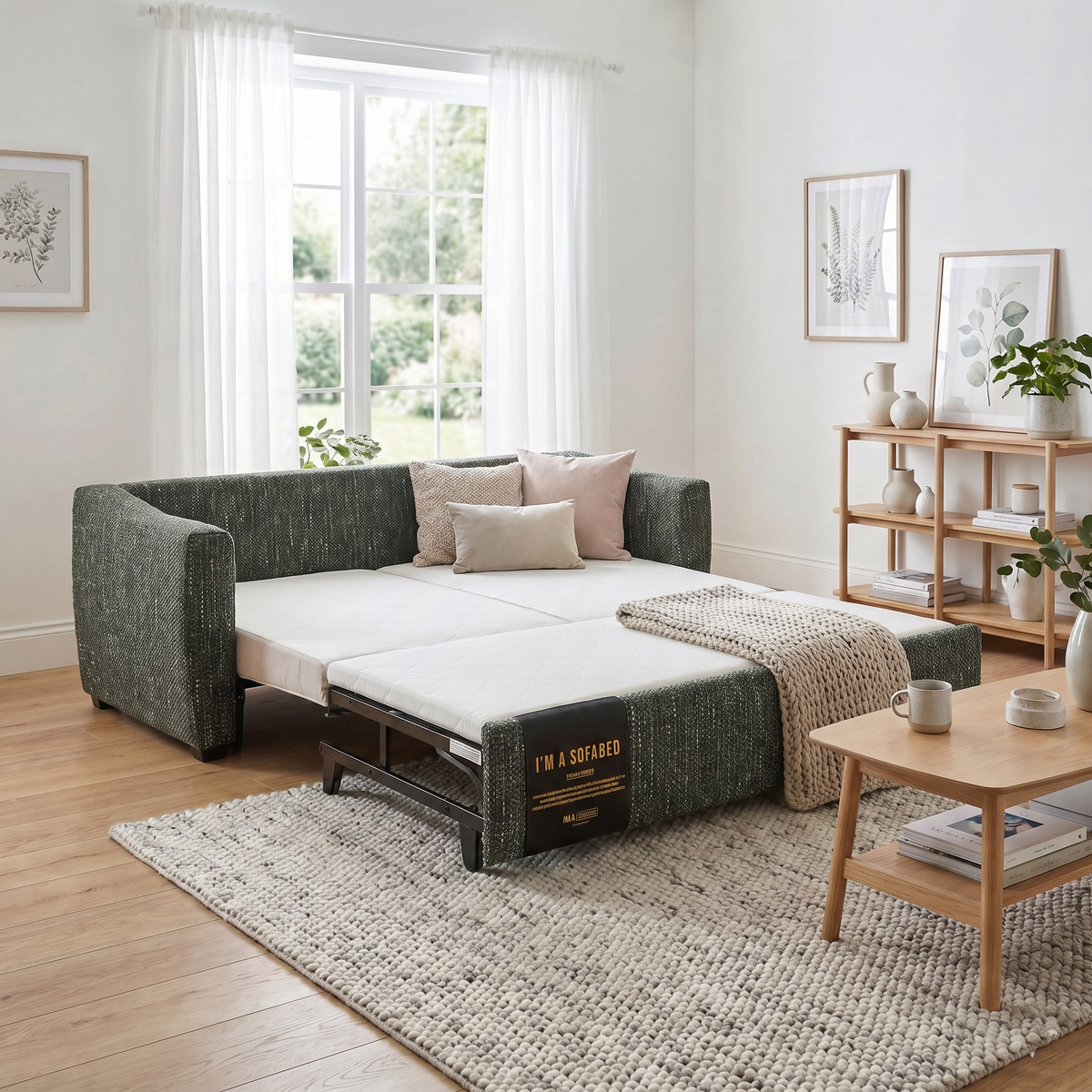 Tina Queen Size Sofa Bed in Olive Weave opened into a queen bed