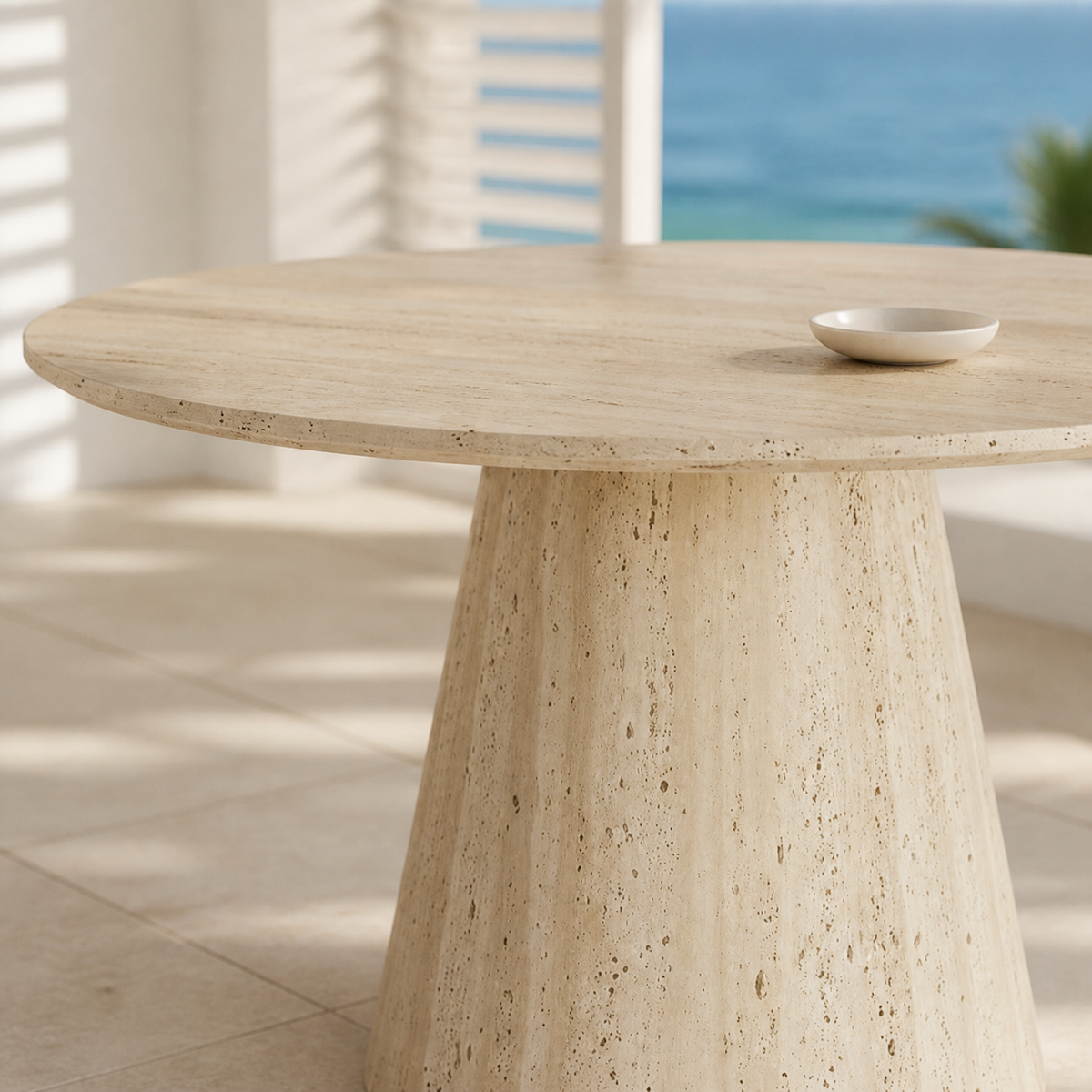 Cove Dining Table cream veneer top edge and pedestal detail