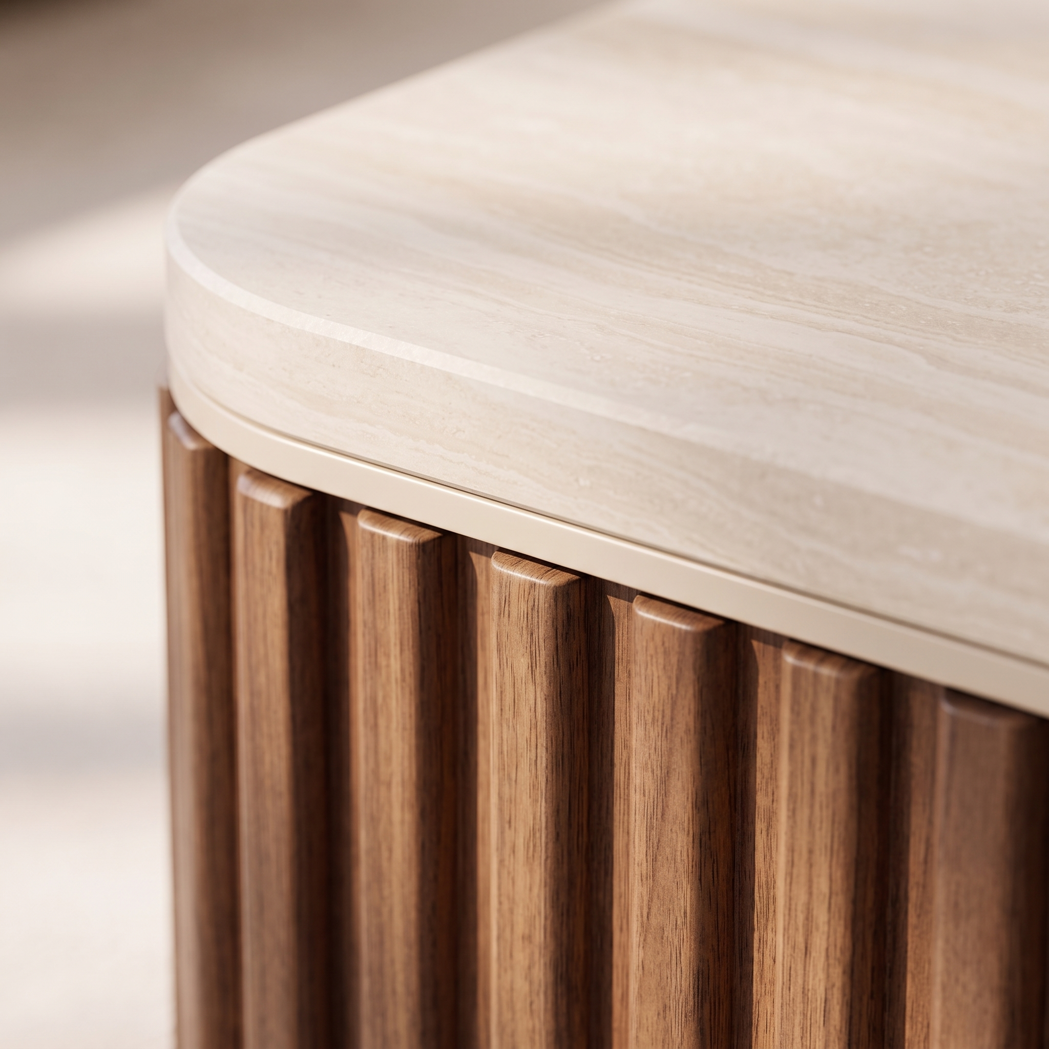 Reed TV Stand fluted walnut and stone detail - Valyou