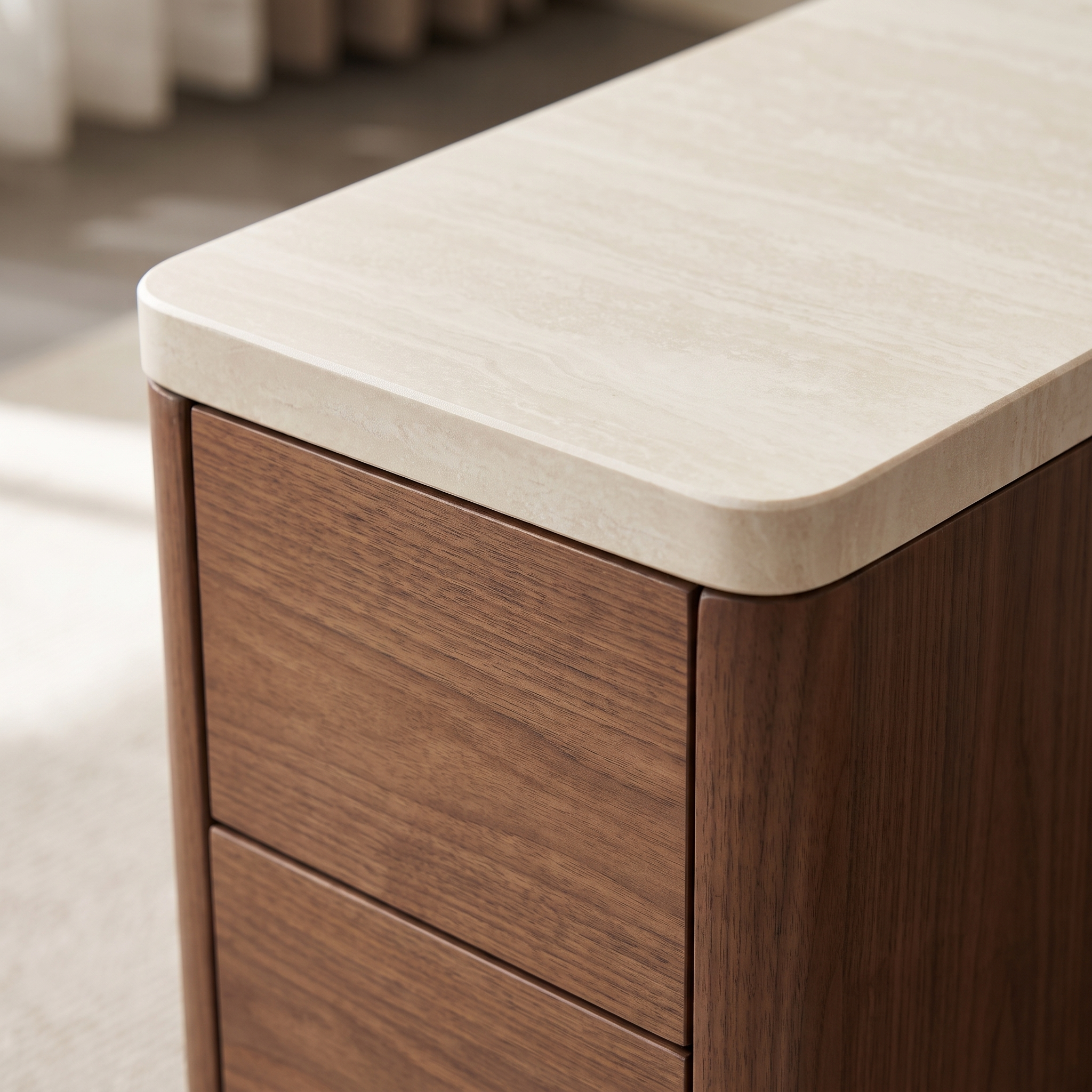 Grove TV Stand walnut and stone edge detail - Valyou