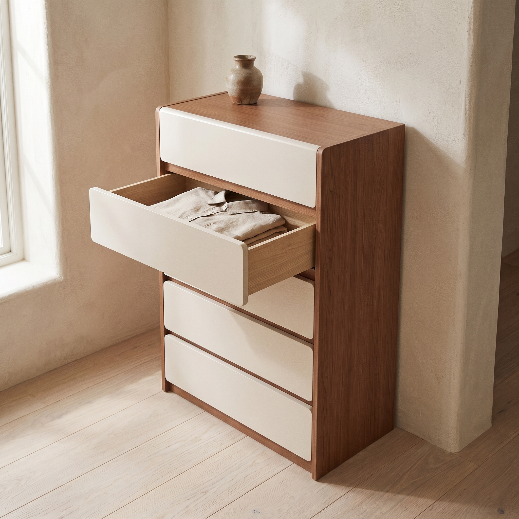 Punaluu Tall Chest with a drawer open, three-quarter view in a bedroom