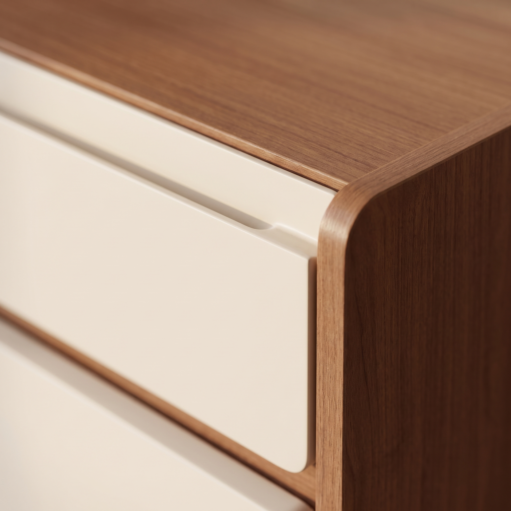 Punaluu Tall Chest - detail of the cream drawer front against the walnut carcass