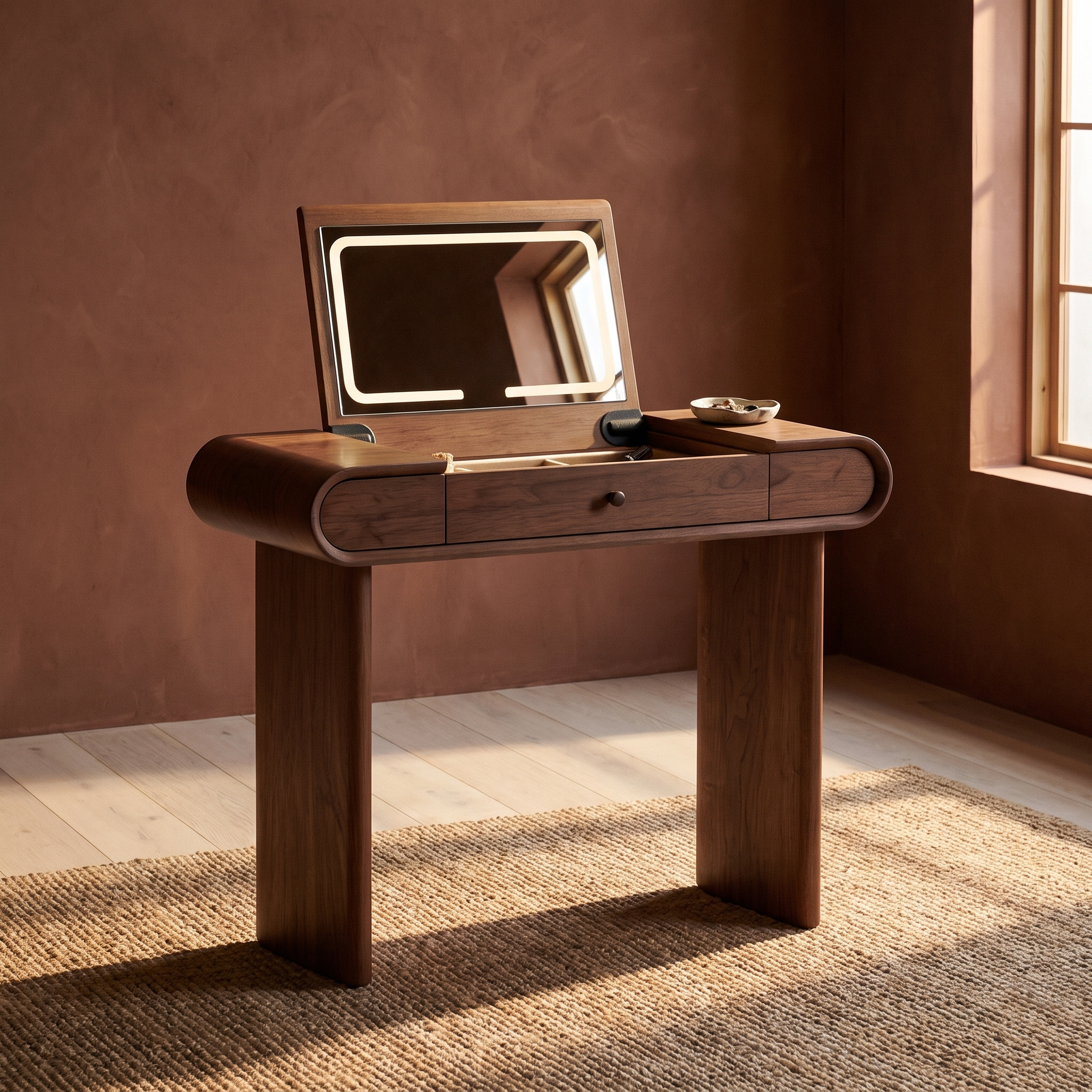 Puako Vanity Desk in walnut, three-quarter view showing the slab legs