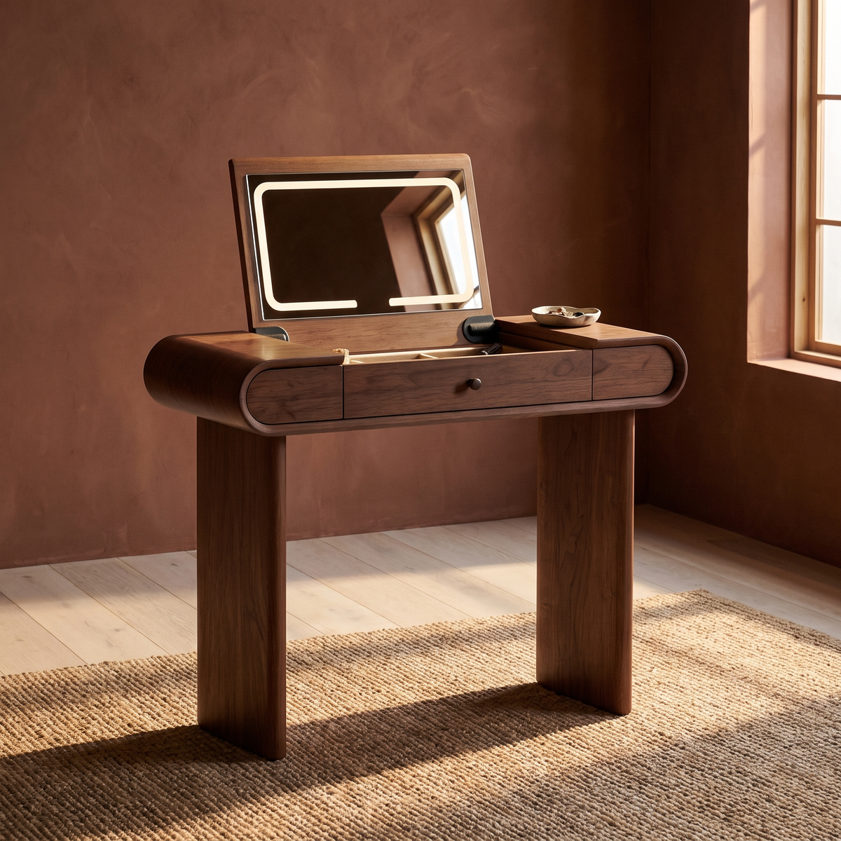 Puako Vanity Desk in walnut, three-quarter view showing the slab legs