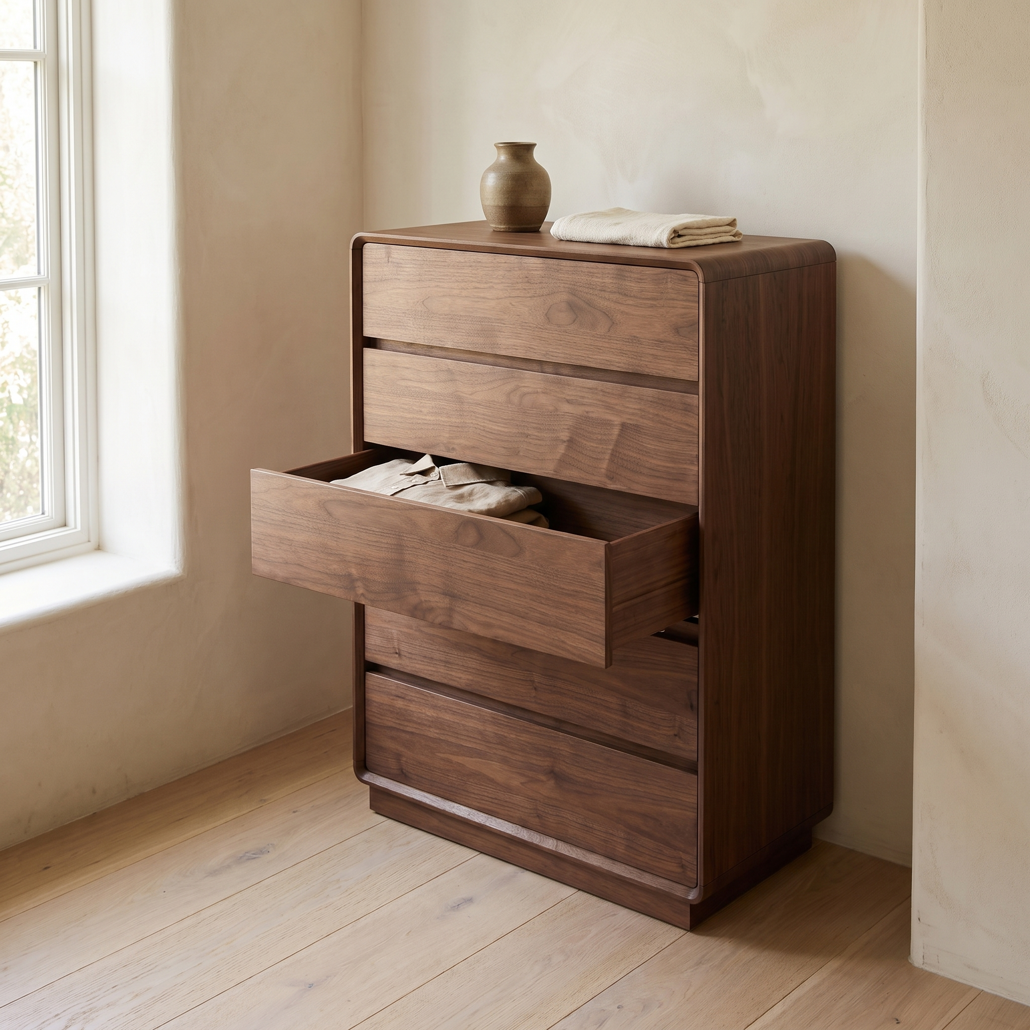 Wailea Tall Chest in walnut with a drawer open, three-quarter view