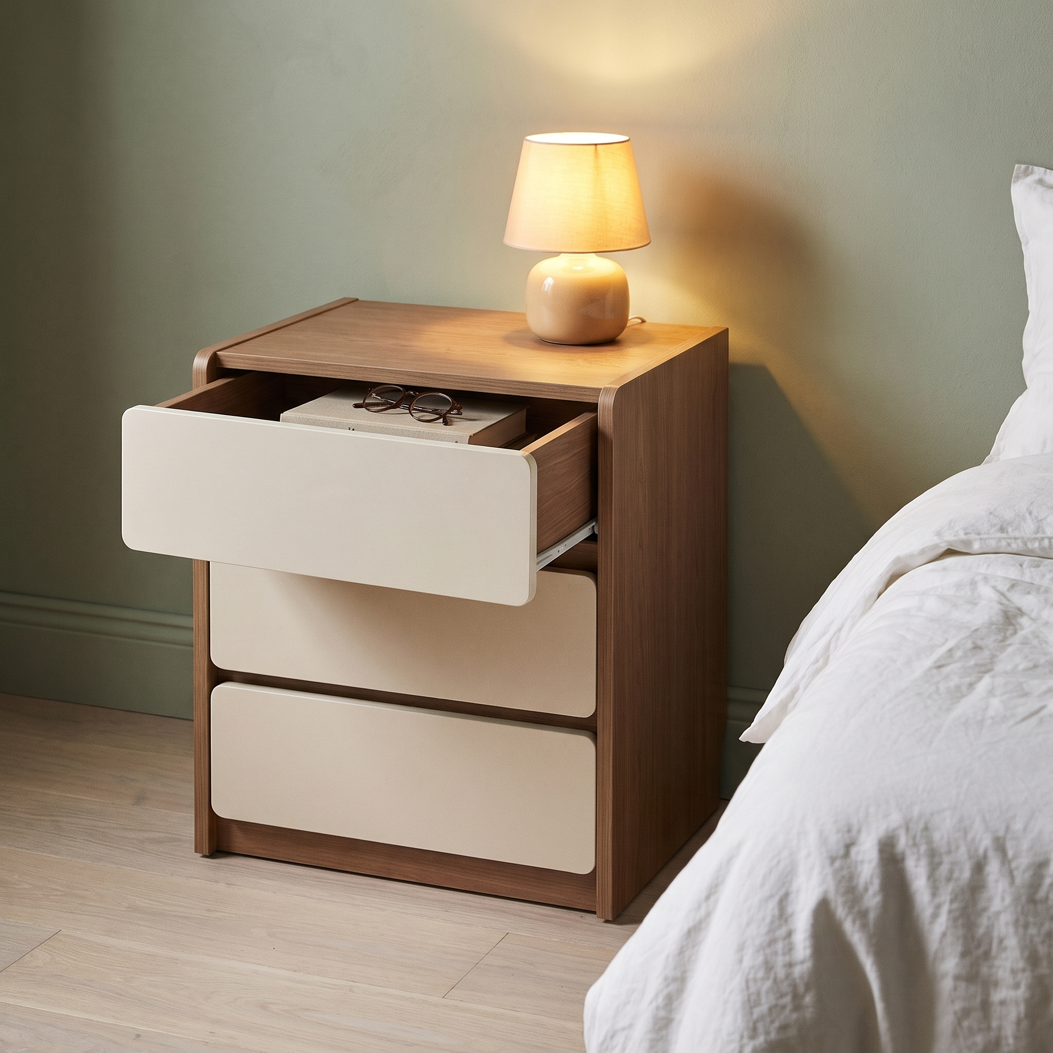 Punaluu Nightstand beside a bed with the top drawer open