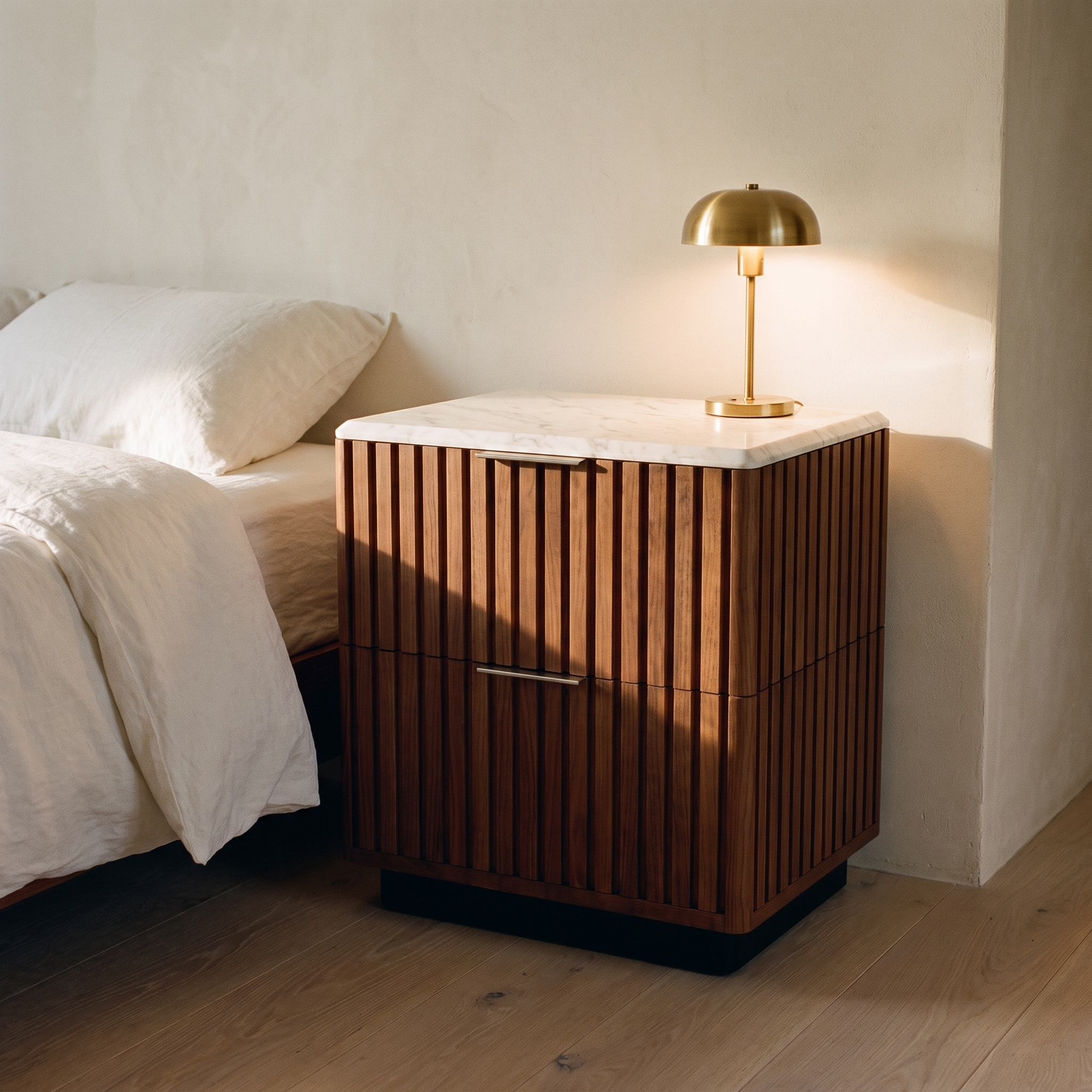 Makena Nightstand beside a bed, three-quarter view showing the side reeding