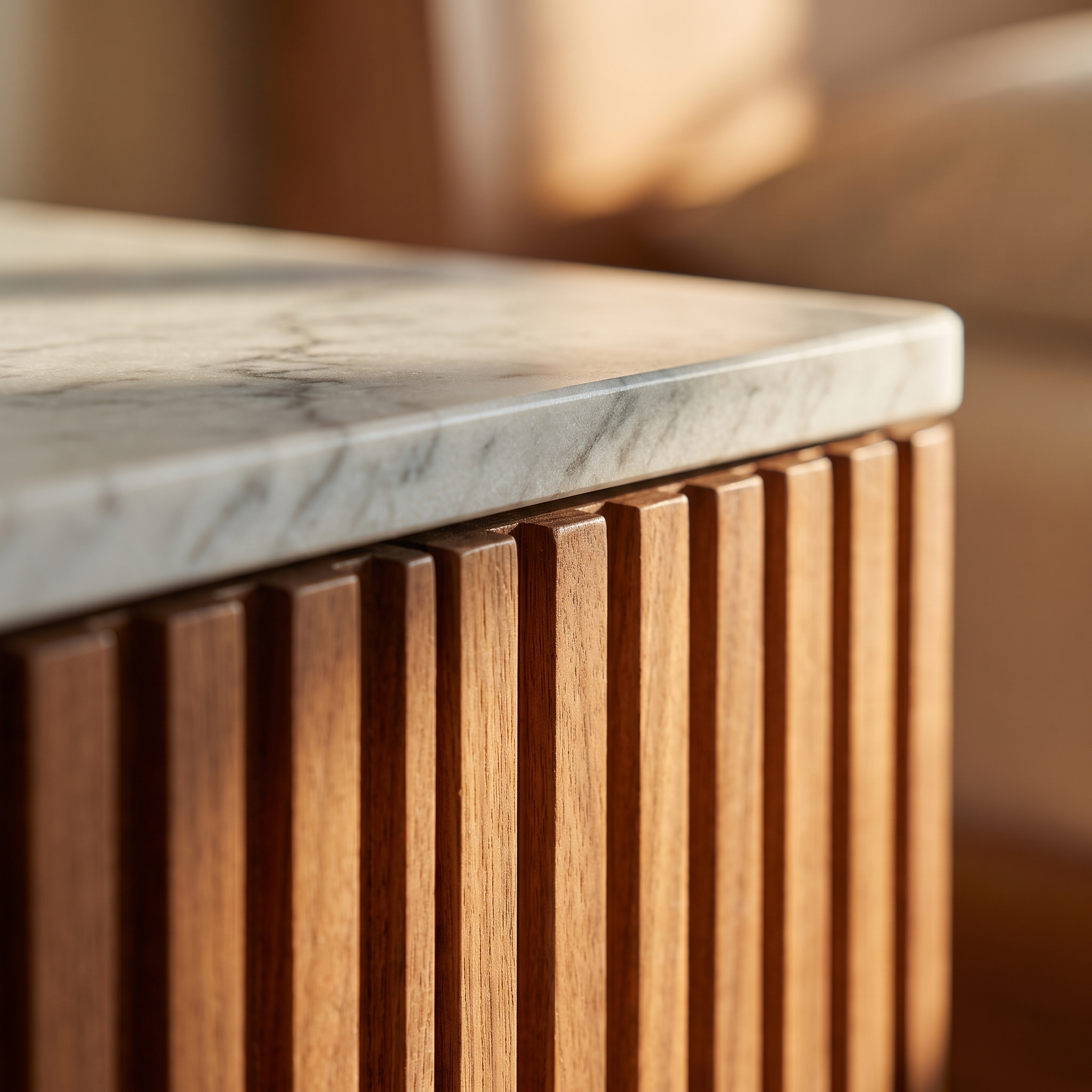 Makena Nightstand - detail of the marble top meeting the reeded walnut body