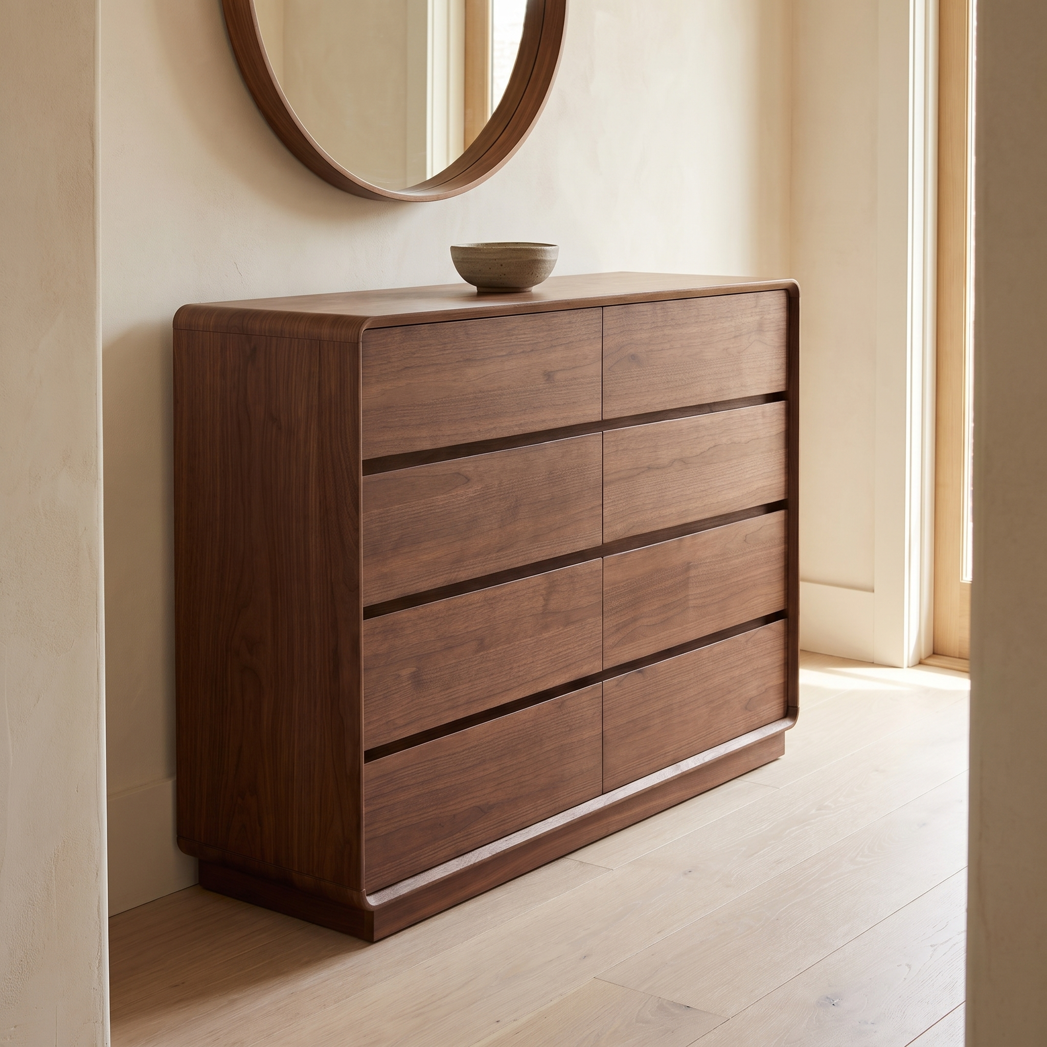 Wailea Wide Chest in a hallway, angled view showing the shallow 15.75 inch depth