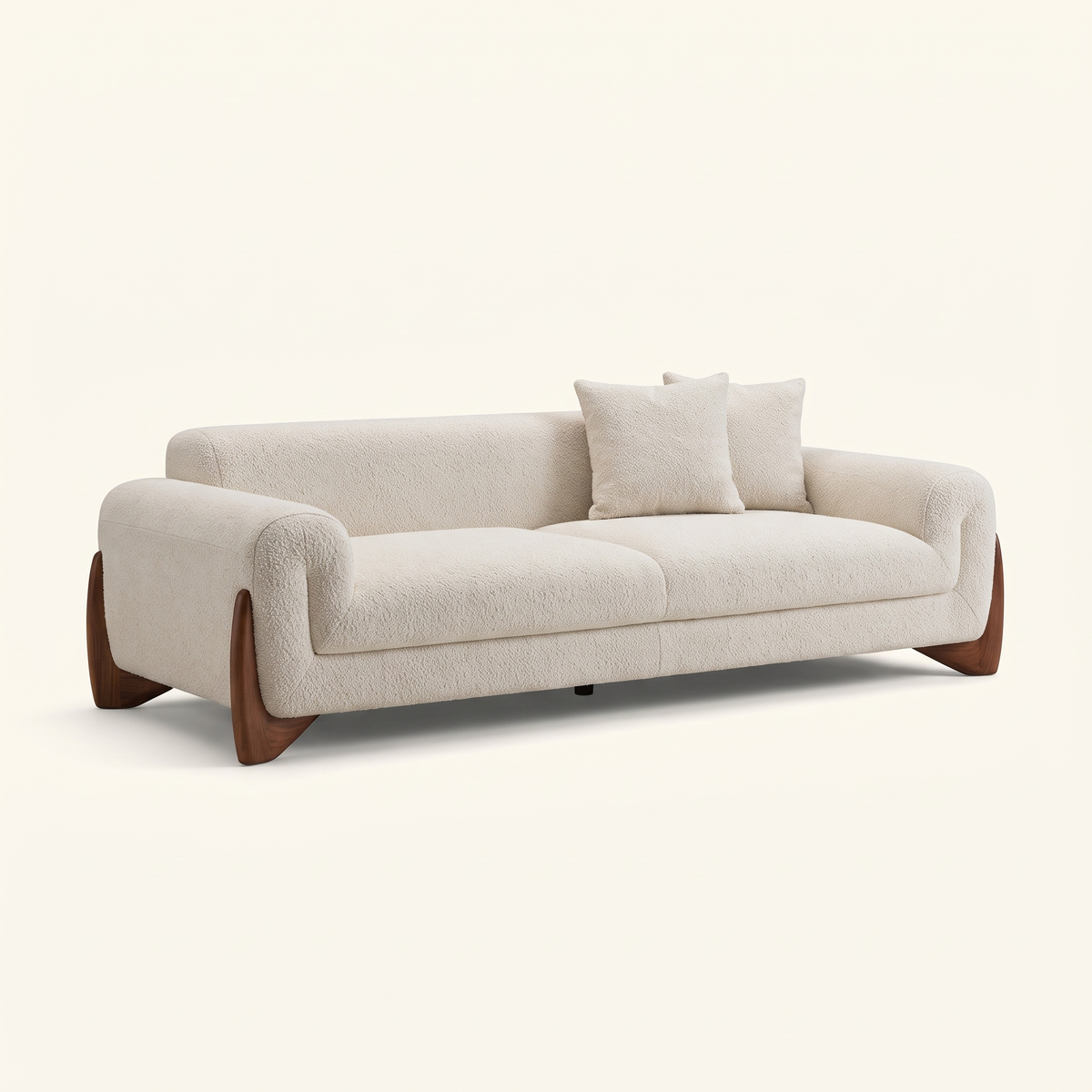 Boucle Sofa in Cream on a walnut base
