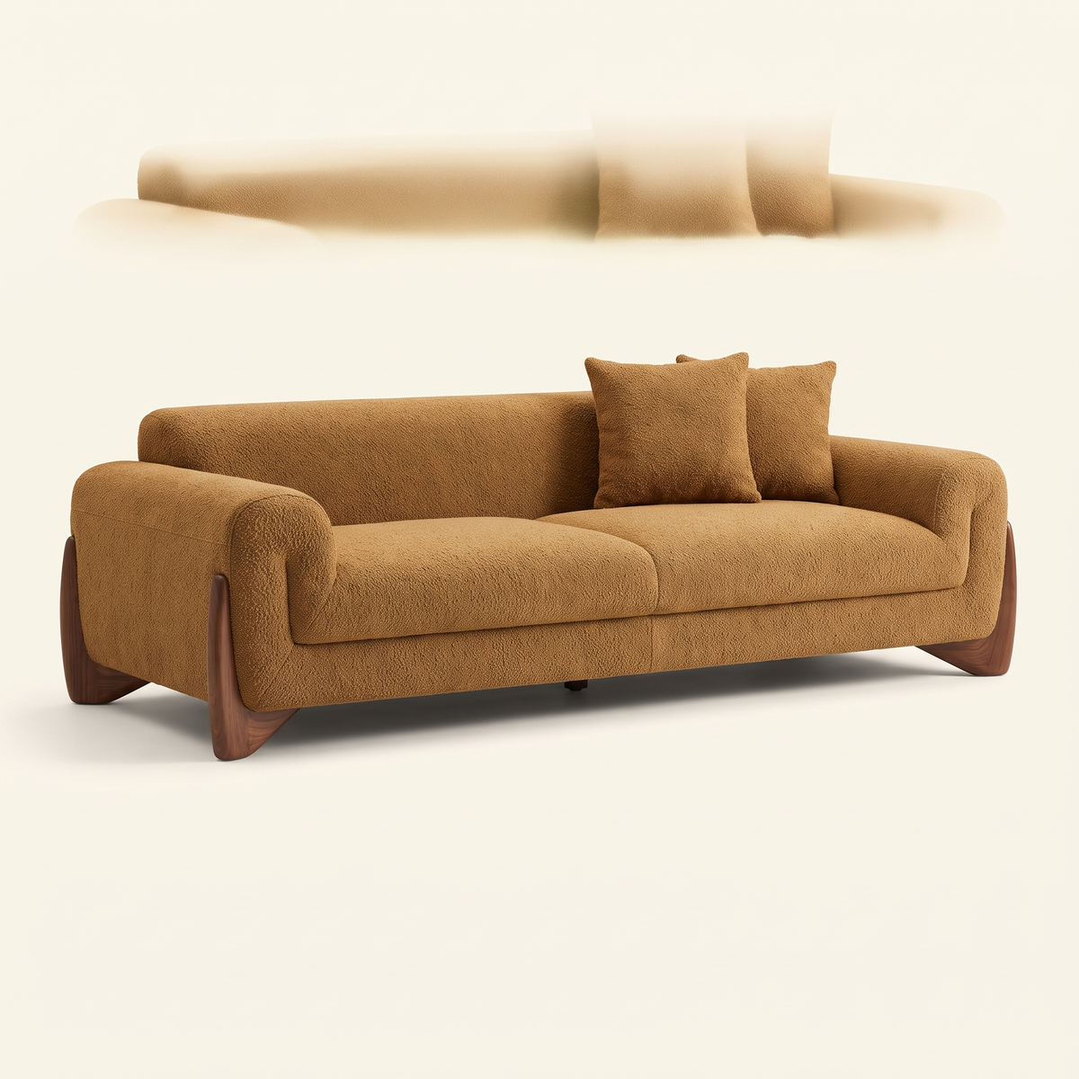 Boucle Sofa in Tobacco Brown on a walnut base