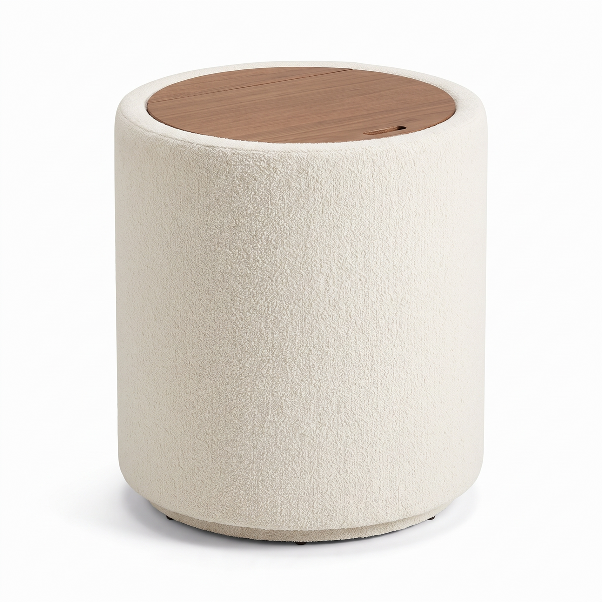 Laie Round Vanity, cream boucle drum with a walnut lid